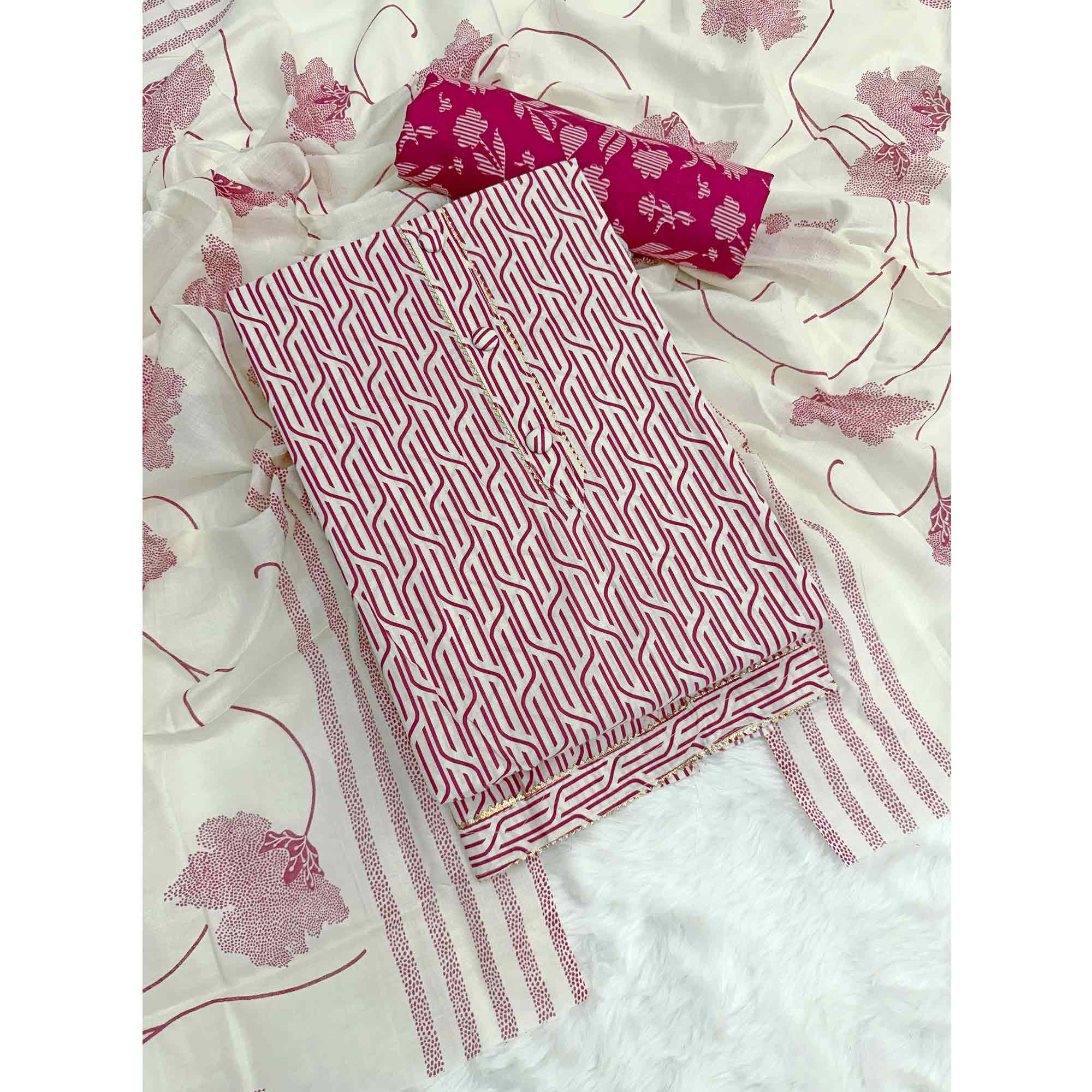 Trendy Rani Pink Geometric Print Pure Cotton Dress Material With Stylish Tie Neck & Fancy Button