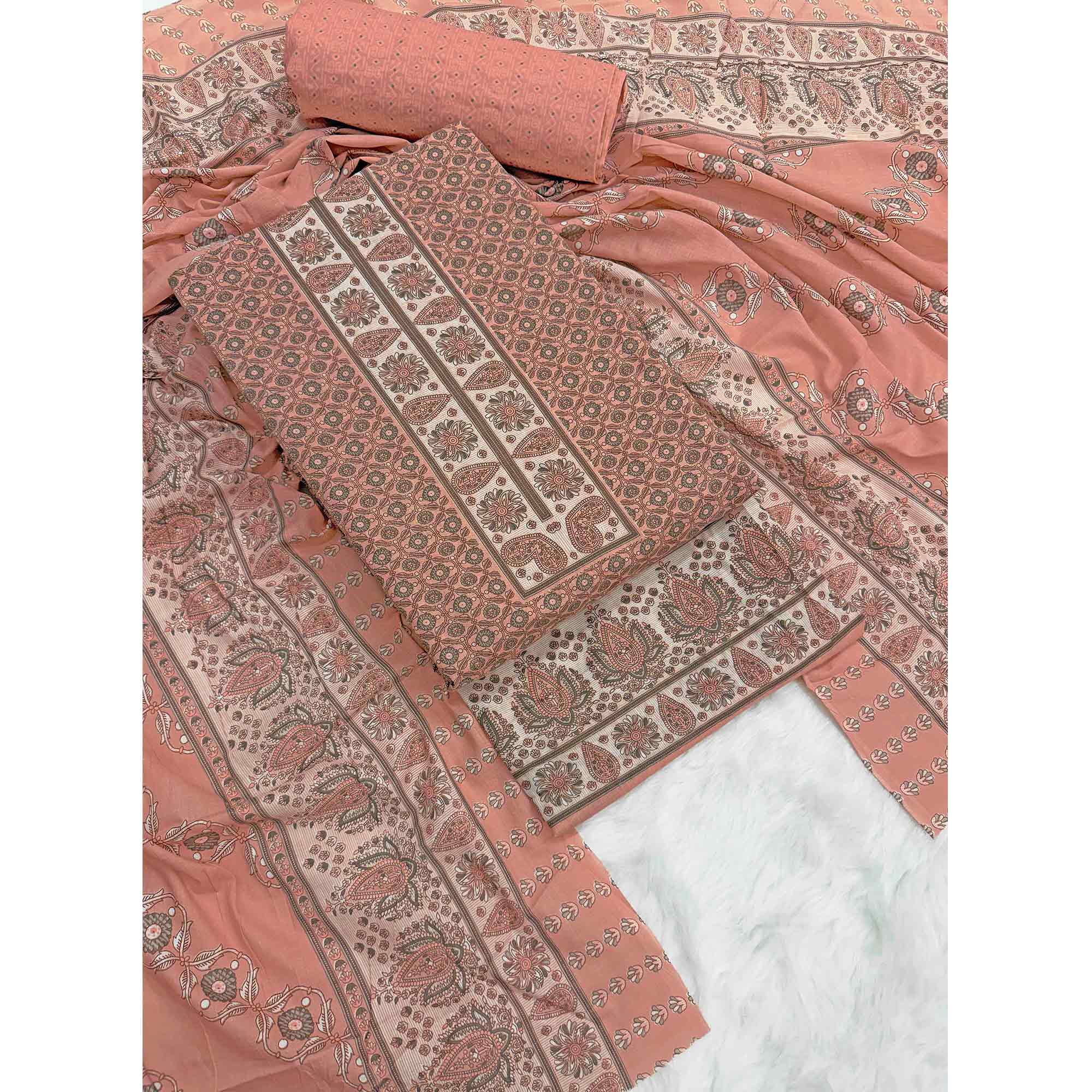 Vibrant Peach Floral Print Pure Cotton Dress Material With Refined Craftsmanship