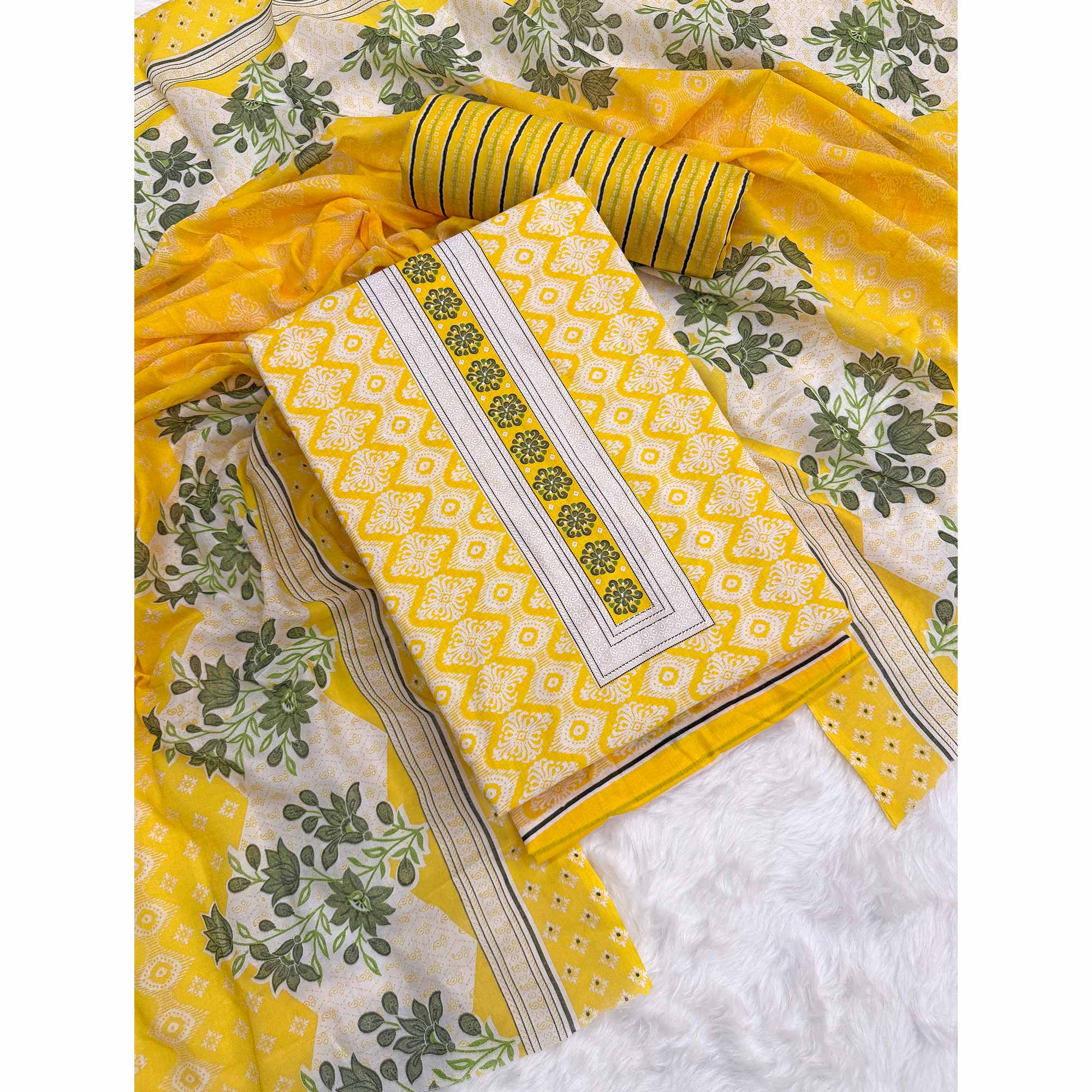 Charming Yellow Pure Cotton Dress Material With Delicate Floral Print