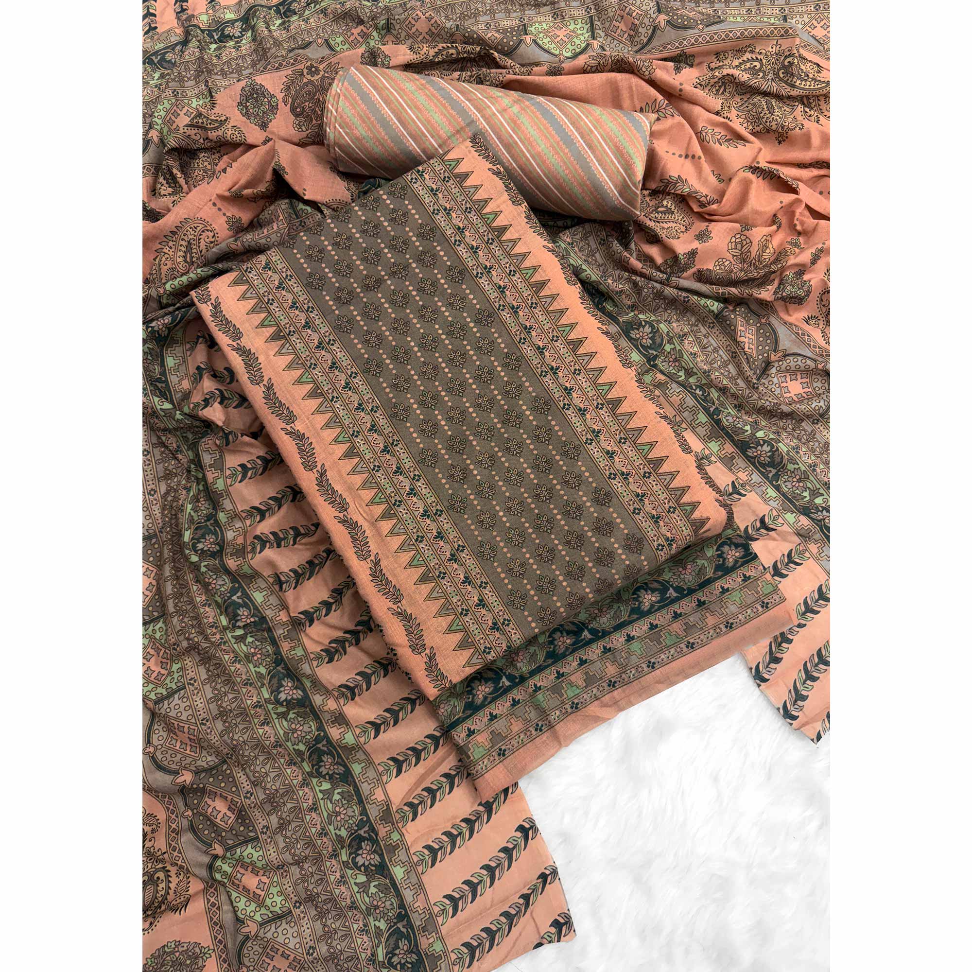 Vibrant Peach Pure Cotton Dress Material Featuring Artistic Floral Print