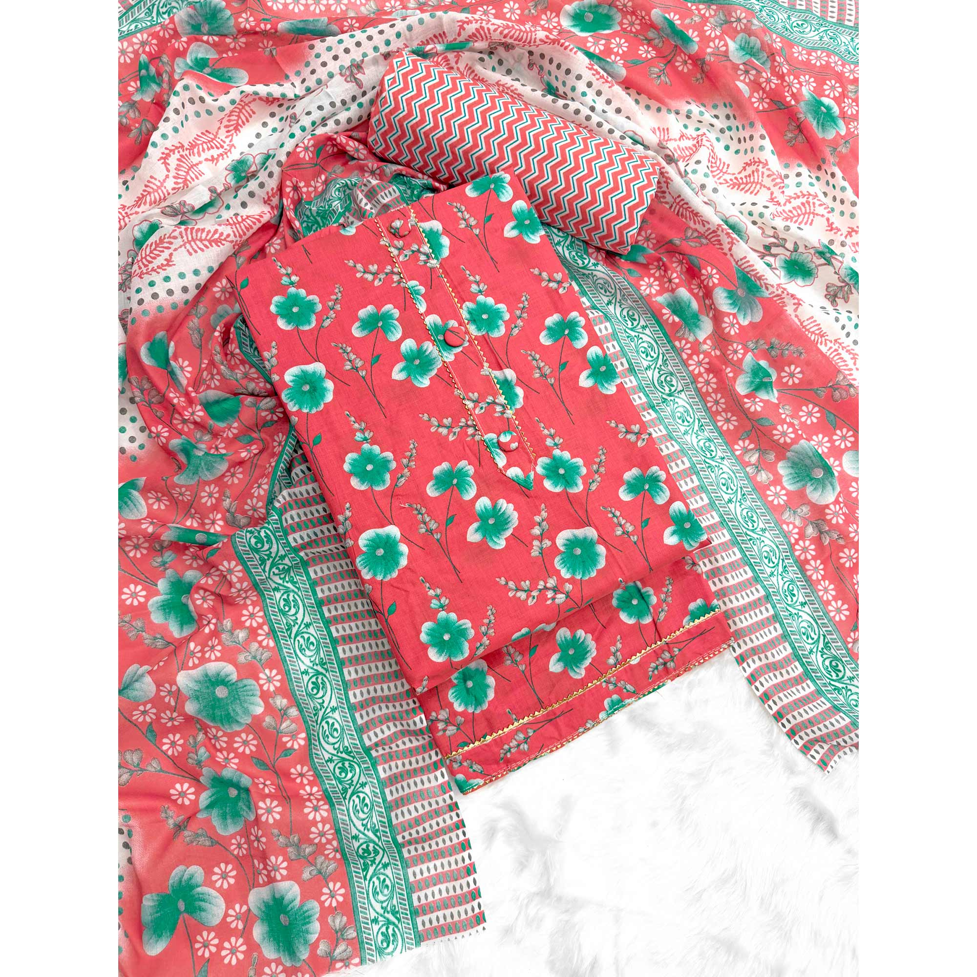 Red Floral Printed Pure Cotton Dress Material With Stylish Tie Neck & Fancy Button Work