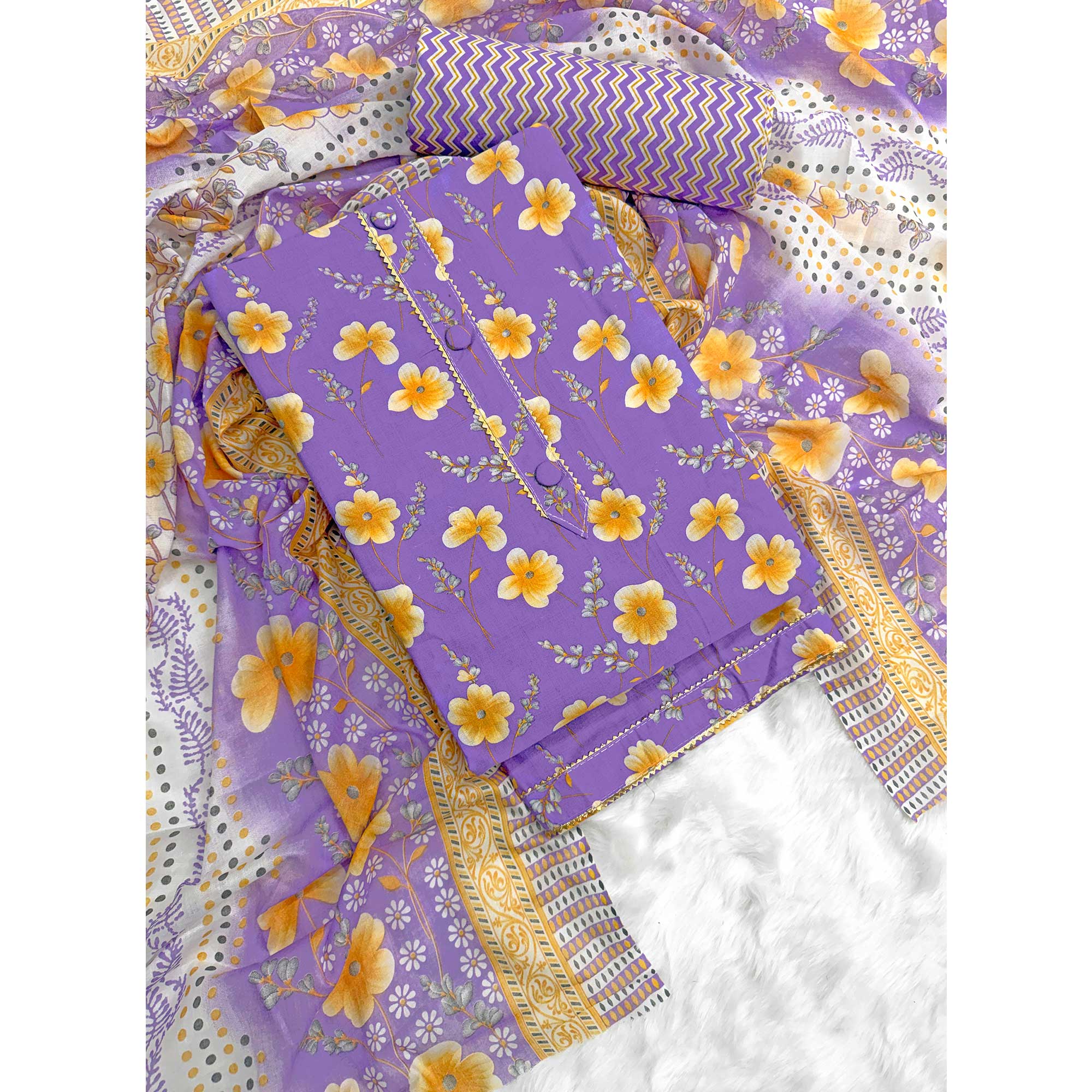 Lavender Floral Printed Pure Cotton Dress Material With Stylish Tie Neck & Fancy Button Work