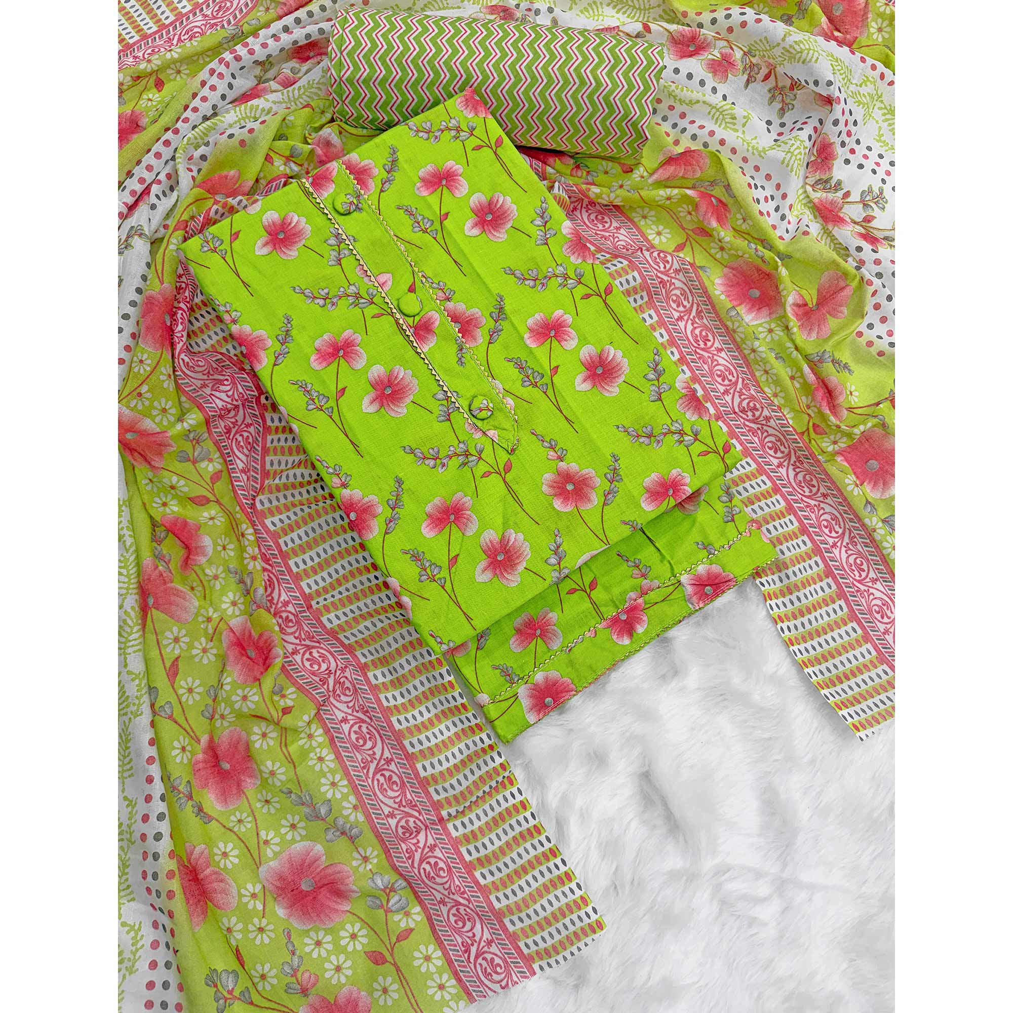 Parrot Green Floral Printed Pure Cotton Dress Material With Stylish Tie Neck & Fancy Button Work