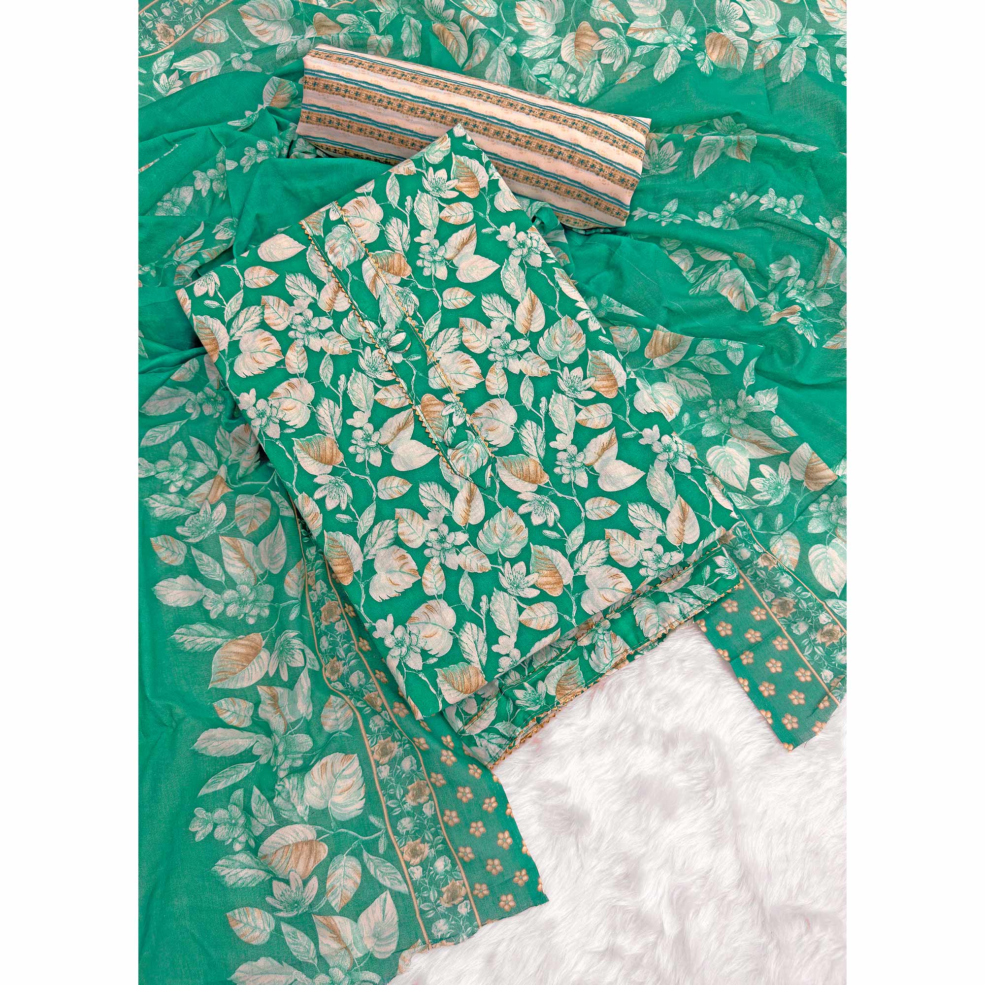 Charming Green Pure Cotton Dress Material Featuring Floral Print With Tie On Neck & Fancy Button