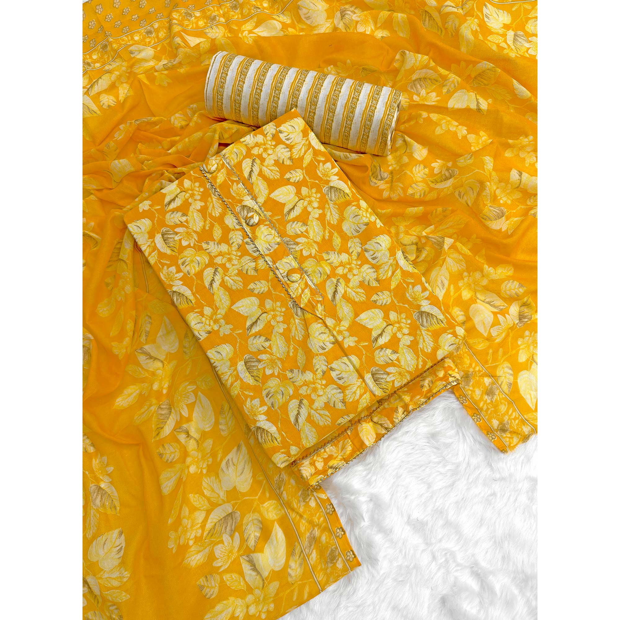 Charming Mustard Pure Cotton Dress Material Featuring Floral Print With Tie On Neck & Fancy Button