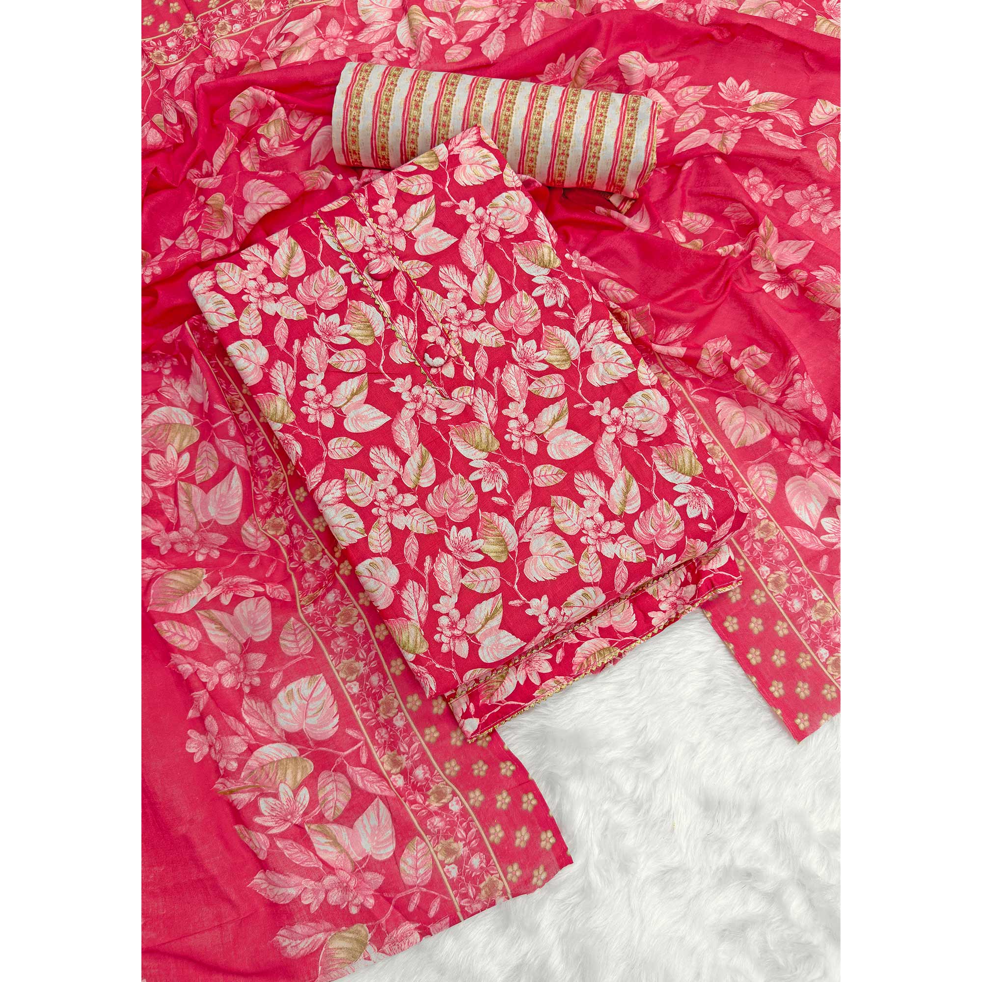 Cherry Red Pure Cotton Dress Material Featuring Floral Print With Tie On Neck & Fancy Button