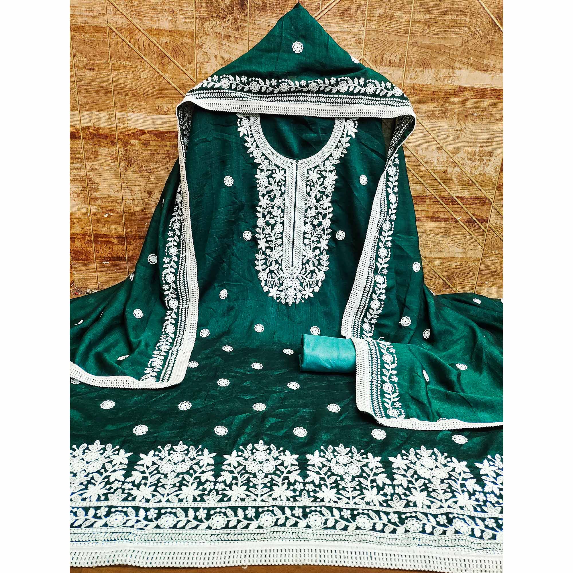 Rama Green Floral Embroidered Vichitra Silk Dress Material