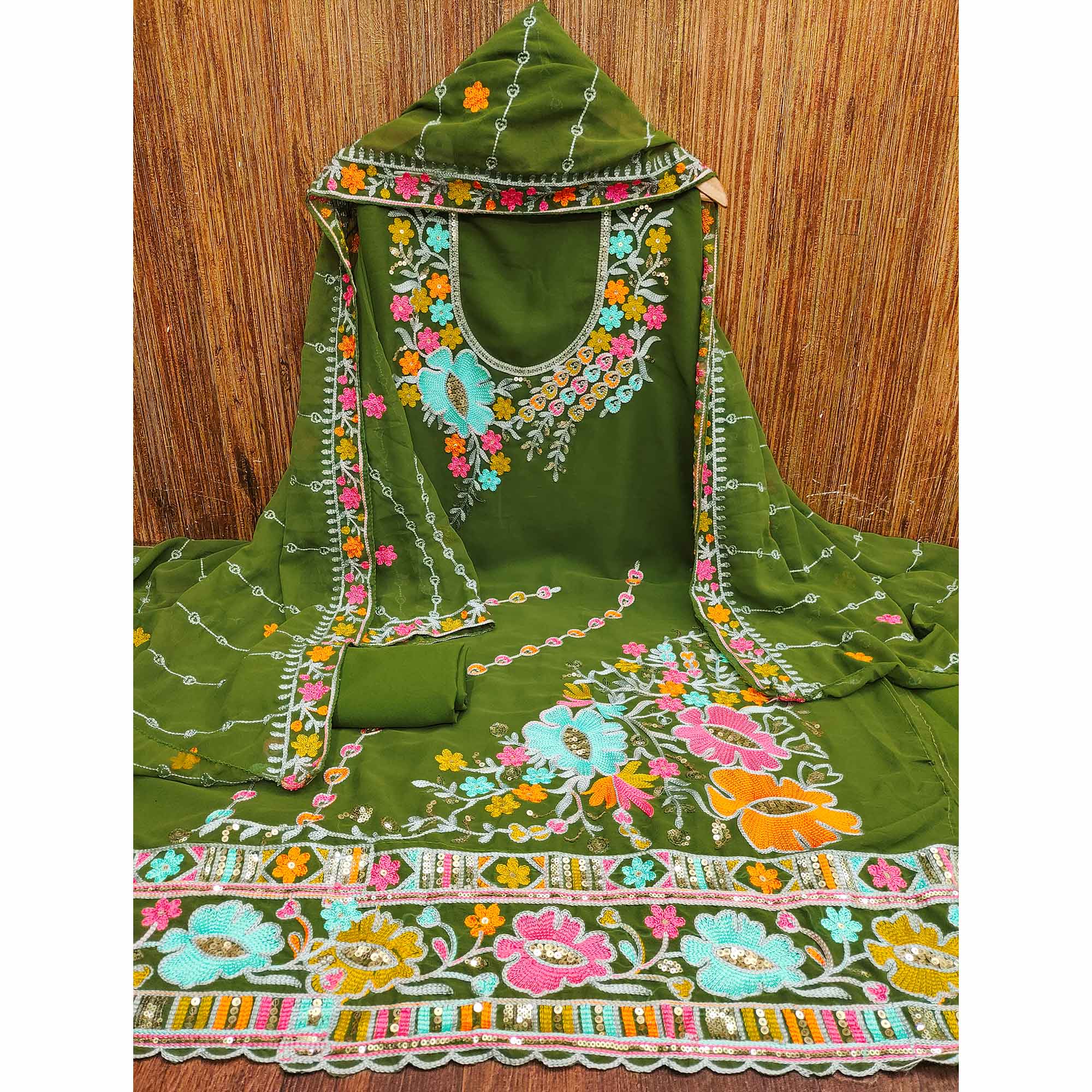 Mehendi Green Floral Sequins Embroidered Georgette Dress Material