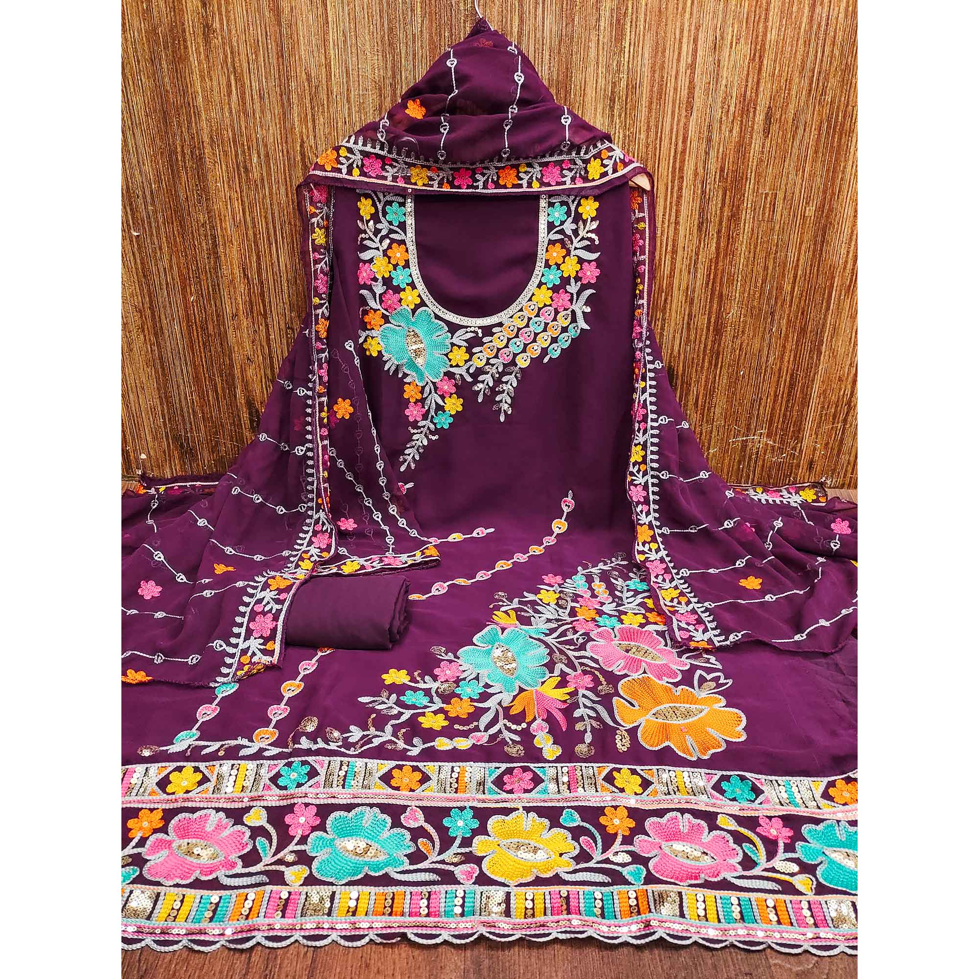 Purple Floral Sequins Embroidered Georgette Dress Material