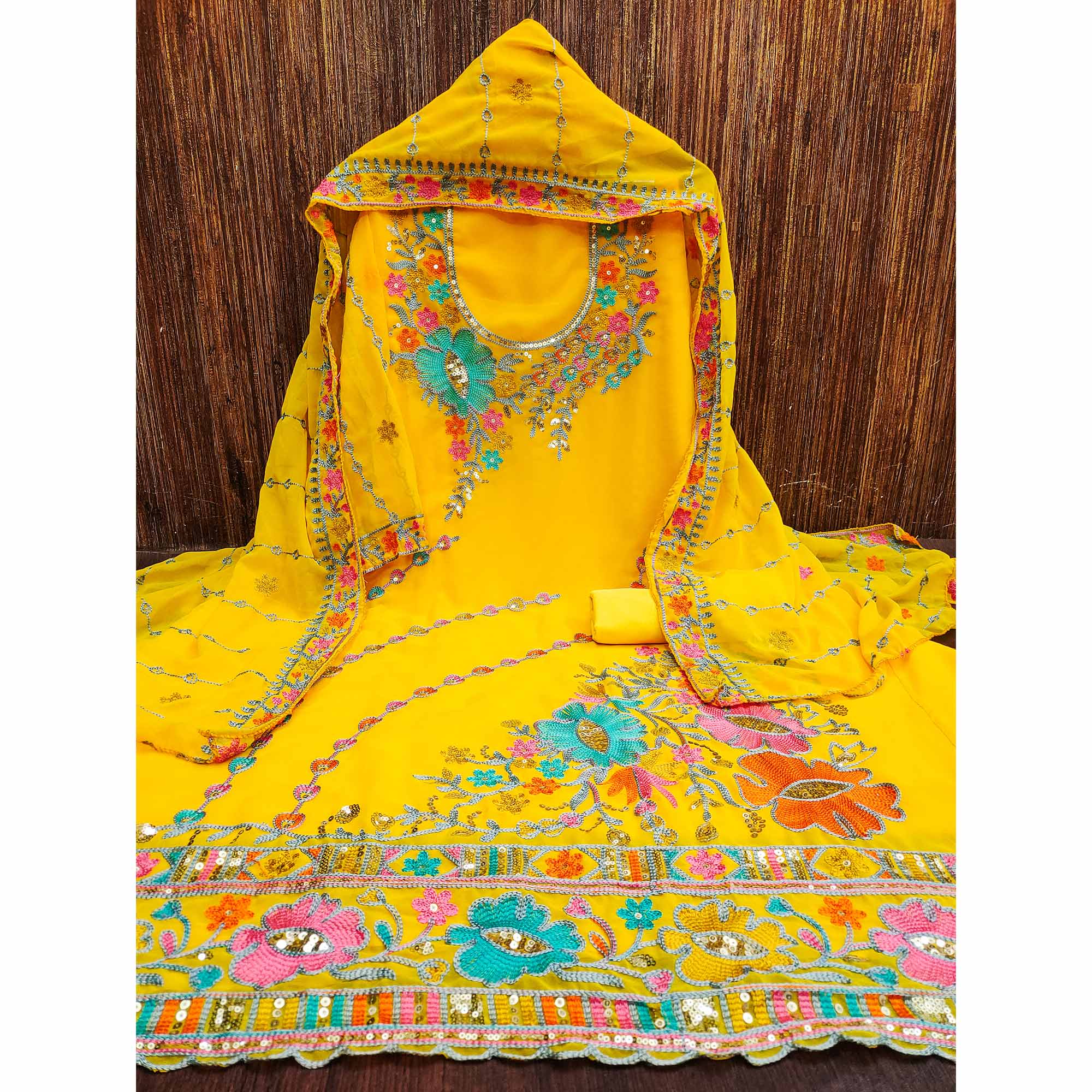 Yellow Floral Sequins Embroidered Georgette Dress Material