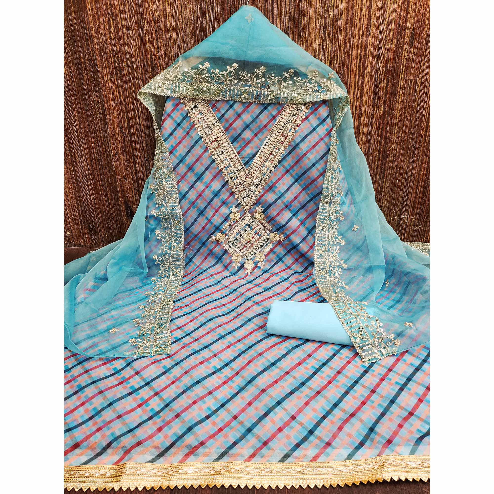 Blue Digital Printed Organza Dress Material