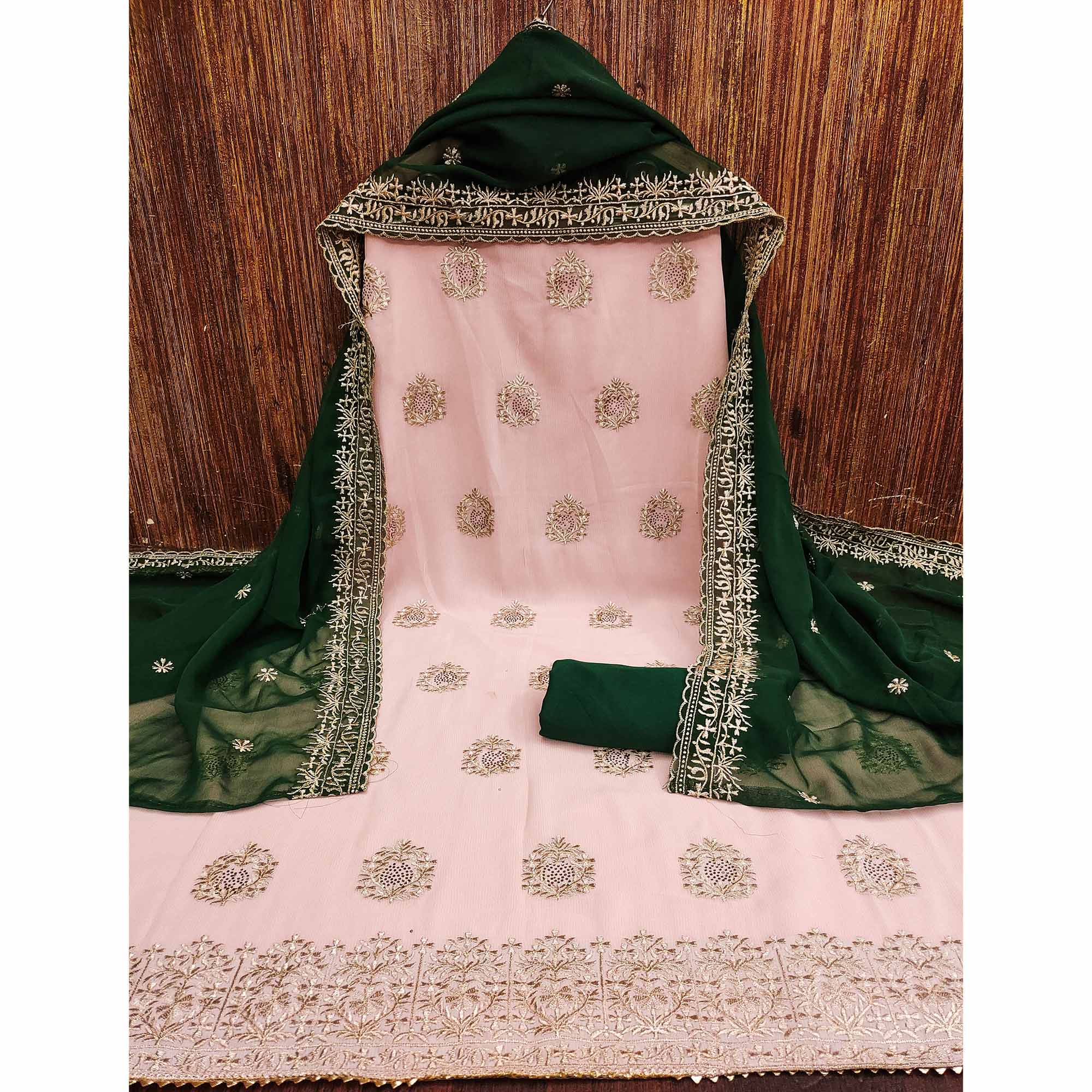 Pink Floral Embroidered Silk Dress Material