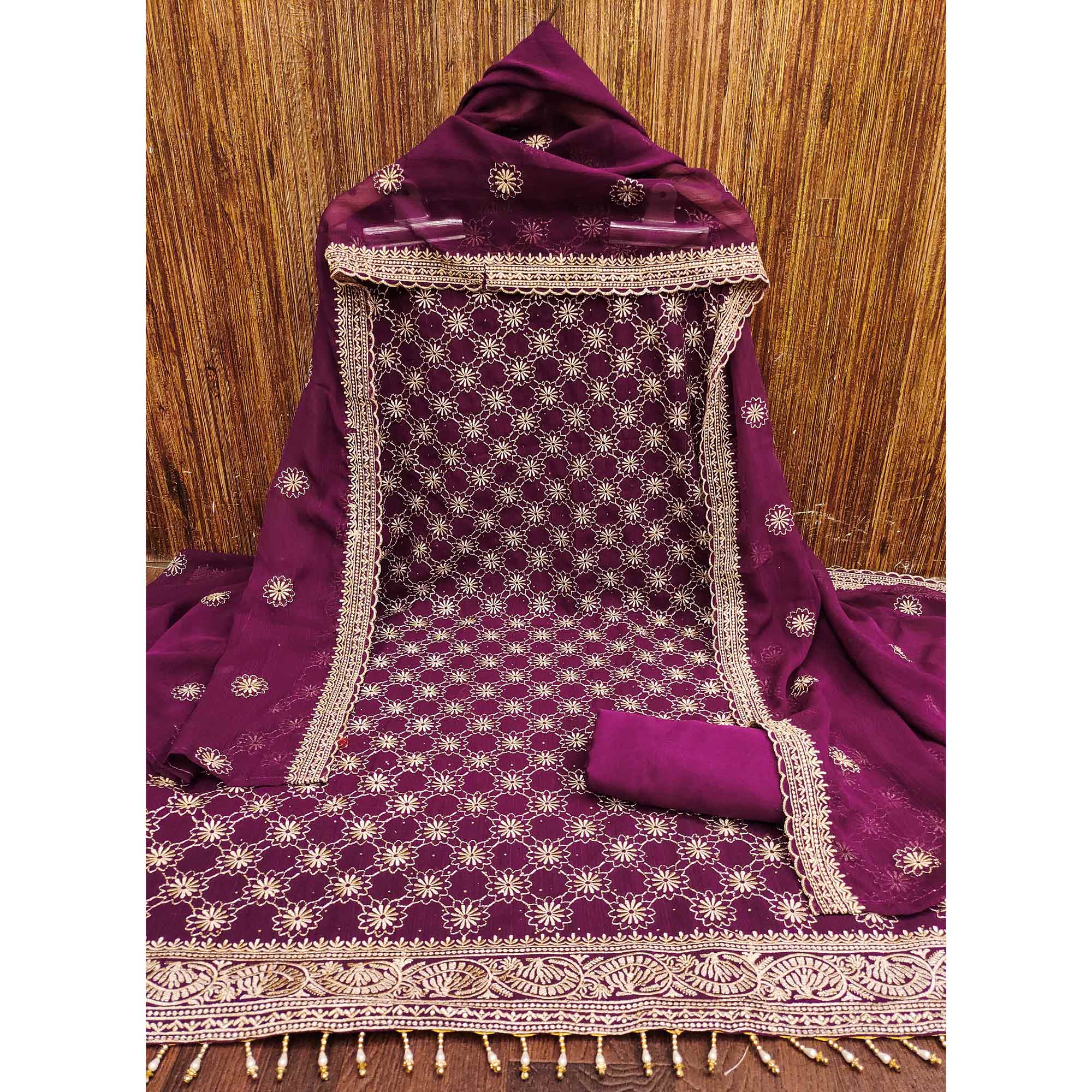 Wine Floral Embroidered Georgette Dress Material