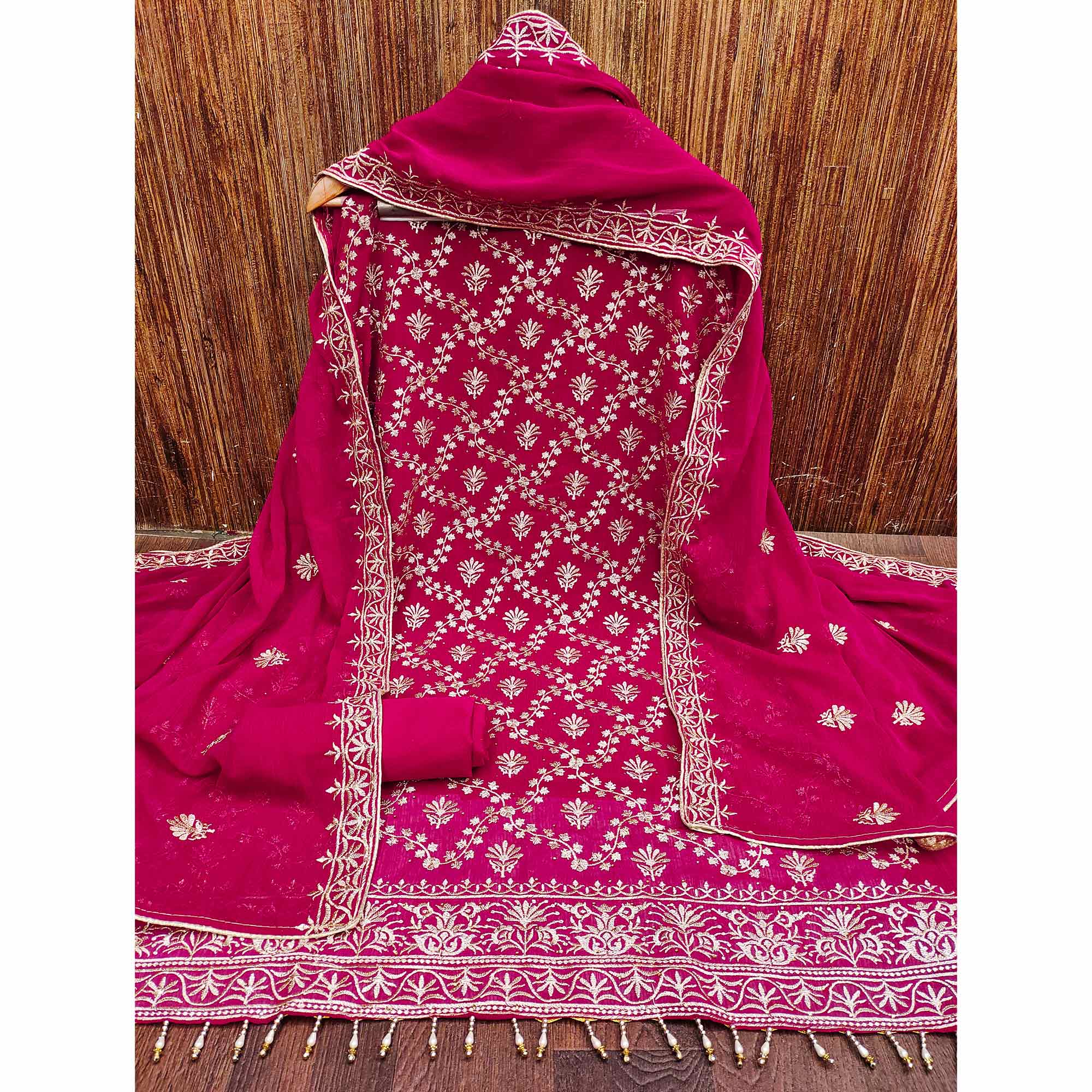Rani Pink Floral Embroidered Georgette Dress Material