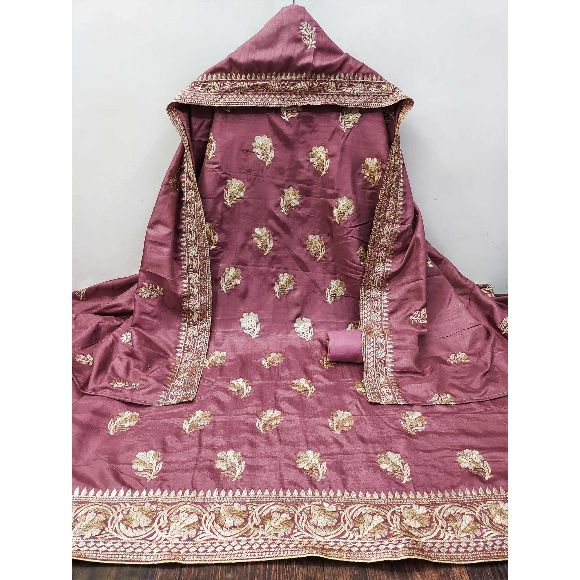 Mauve Floral Embroidered Vichitra Silk Dress Material