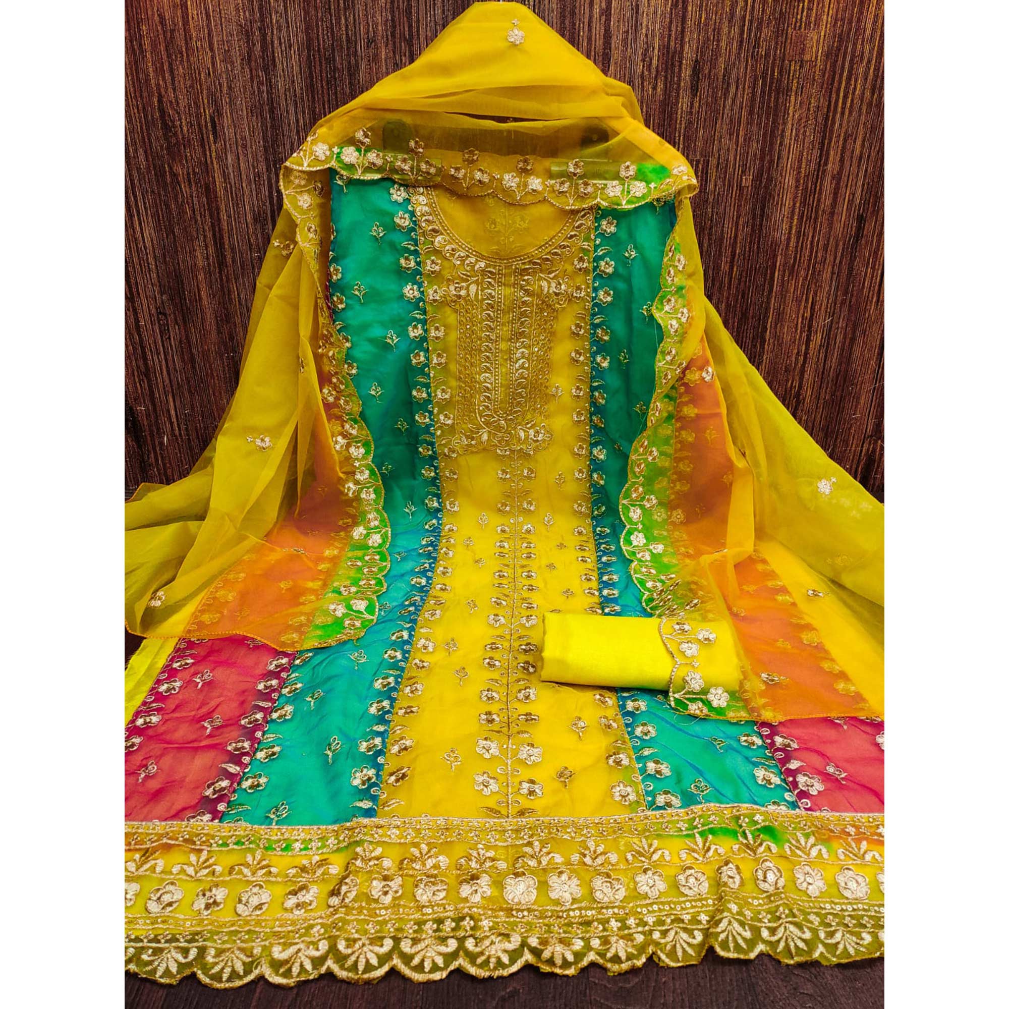 Yellow Floral Embroidered With Digital Printed Organza Dress Material