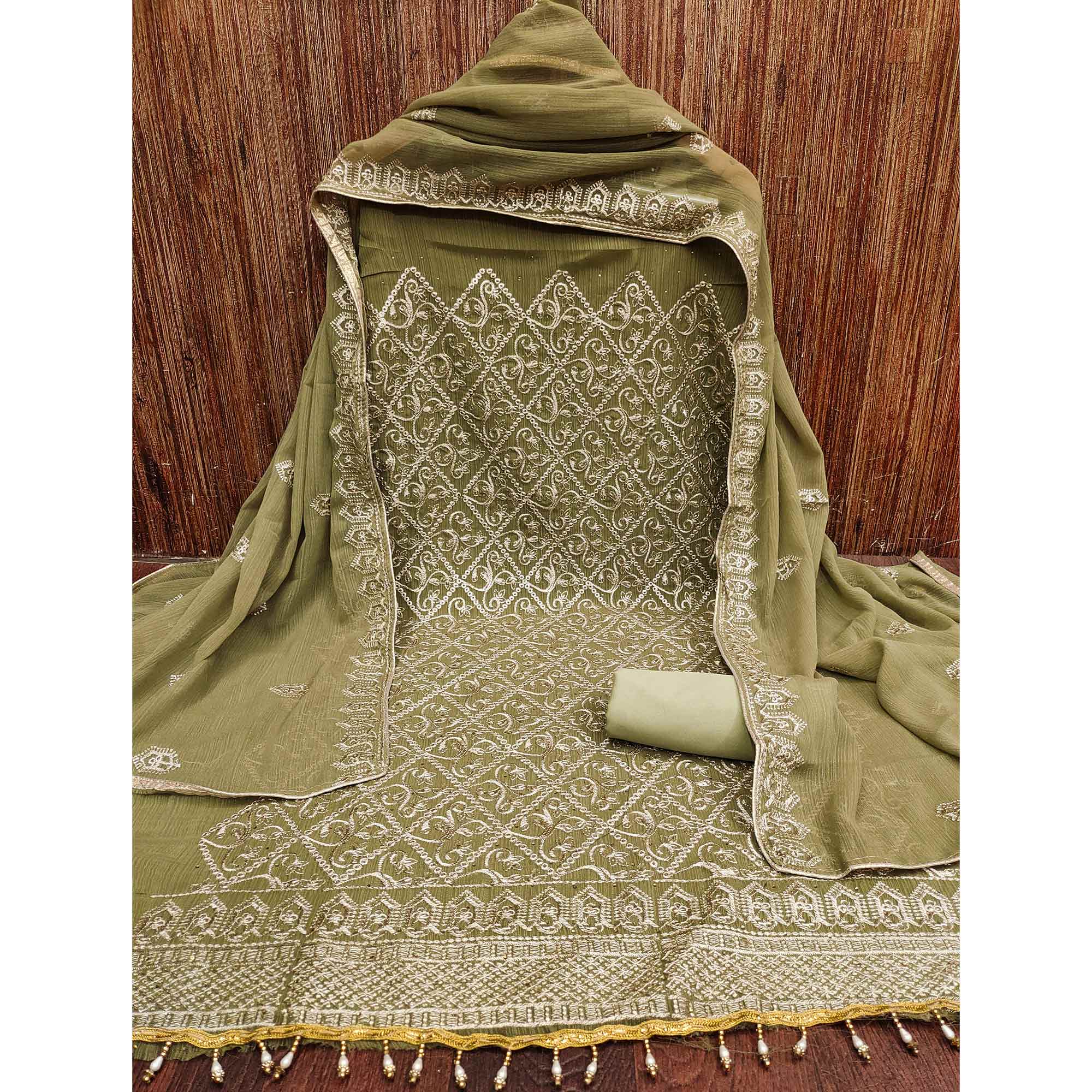 Green Floral Embroidered Vichitra Silk Dress Material