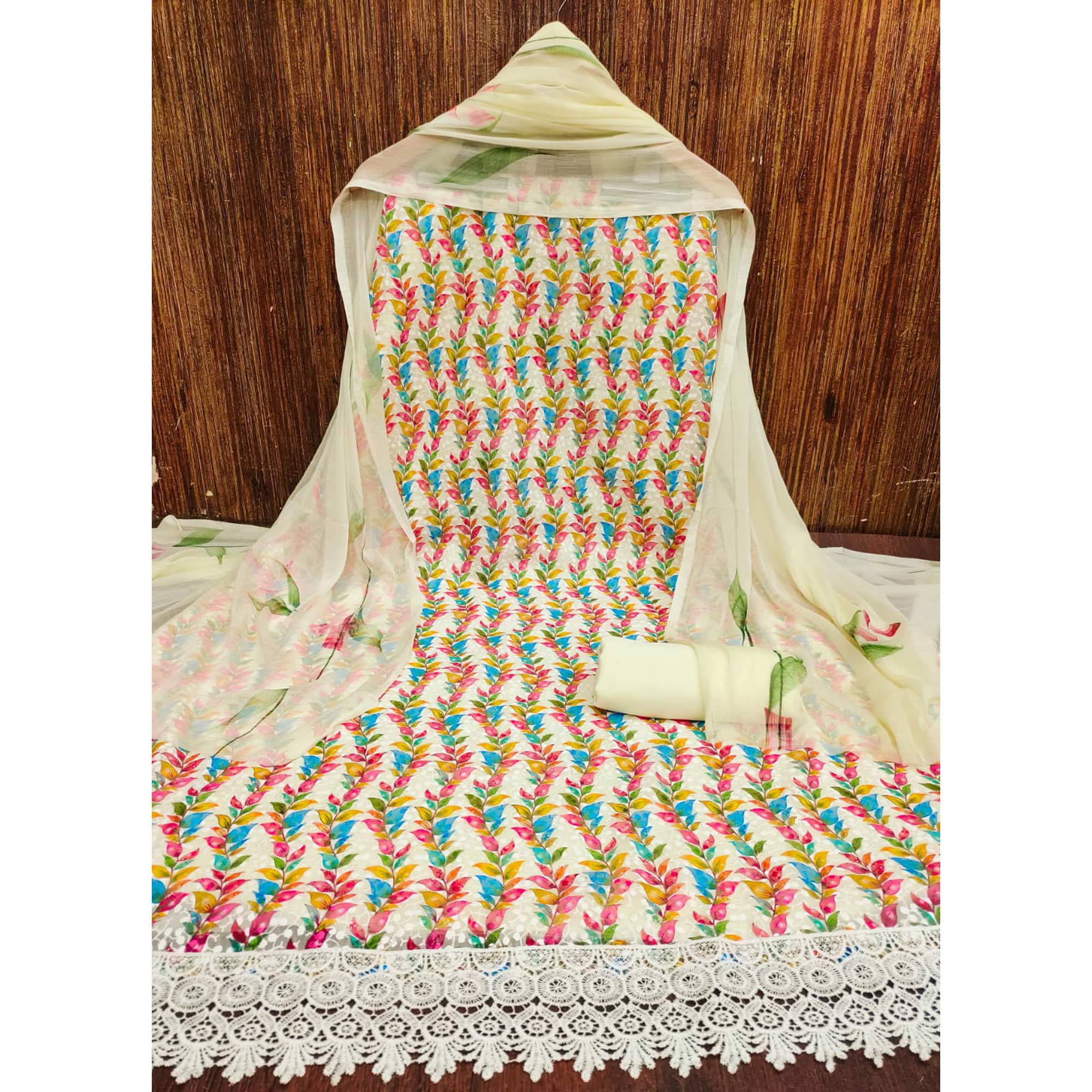 Cream Schiffli Embroidered With Digital Printed Georgette Dress Material