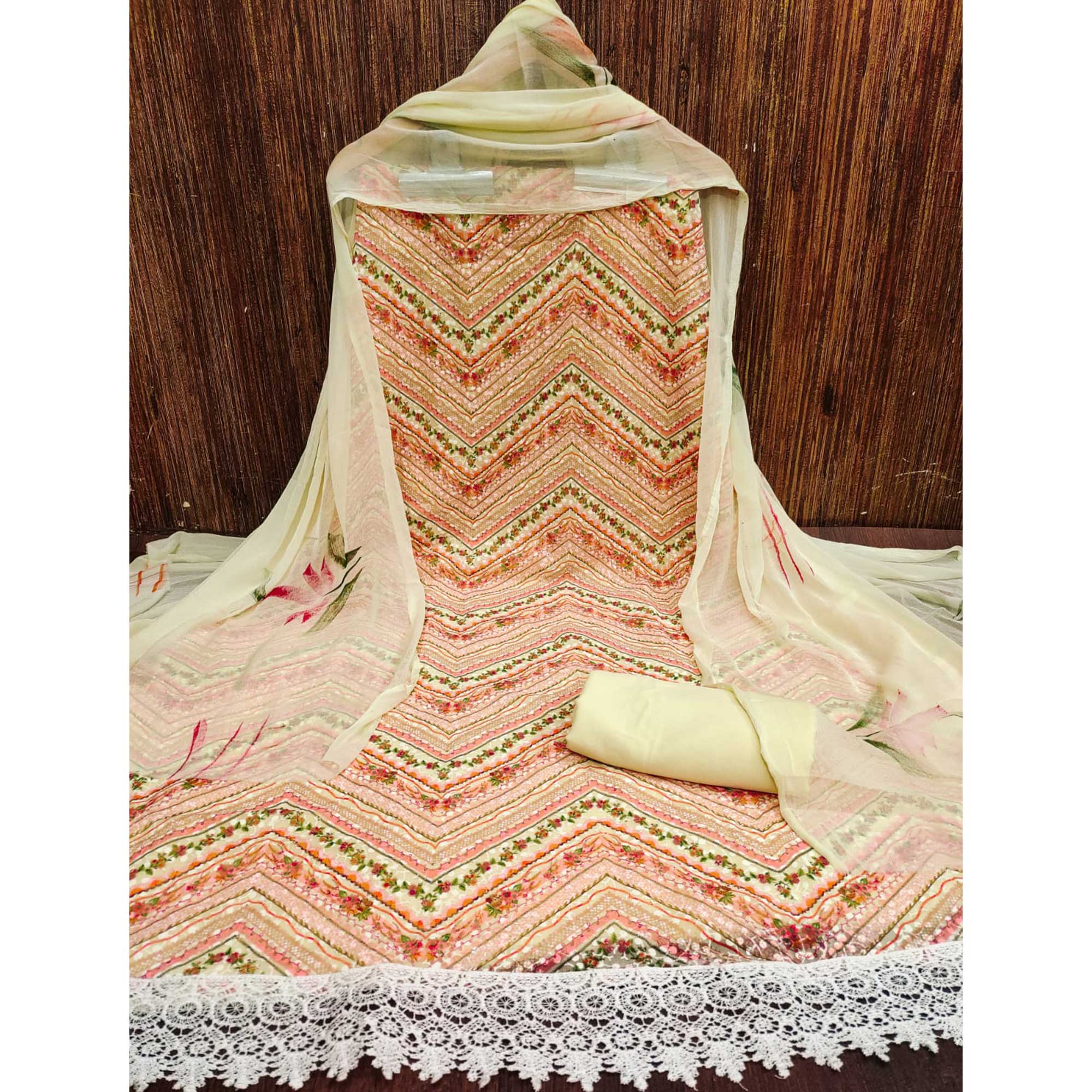 Peach Schiffli Embroidered With Digital Printed Georgette Dress Material