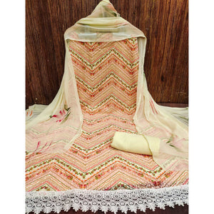 Peach Schiffli Embroidered With Digital Printed Georgette Dress Material