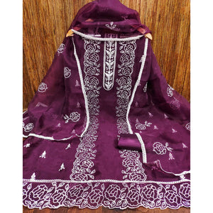 Wine Floral Embroidered Organza Dress Material