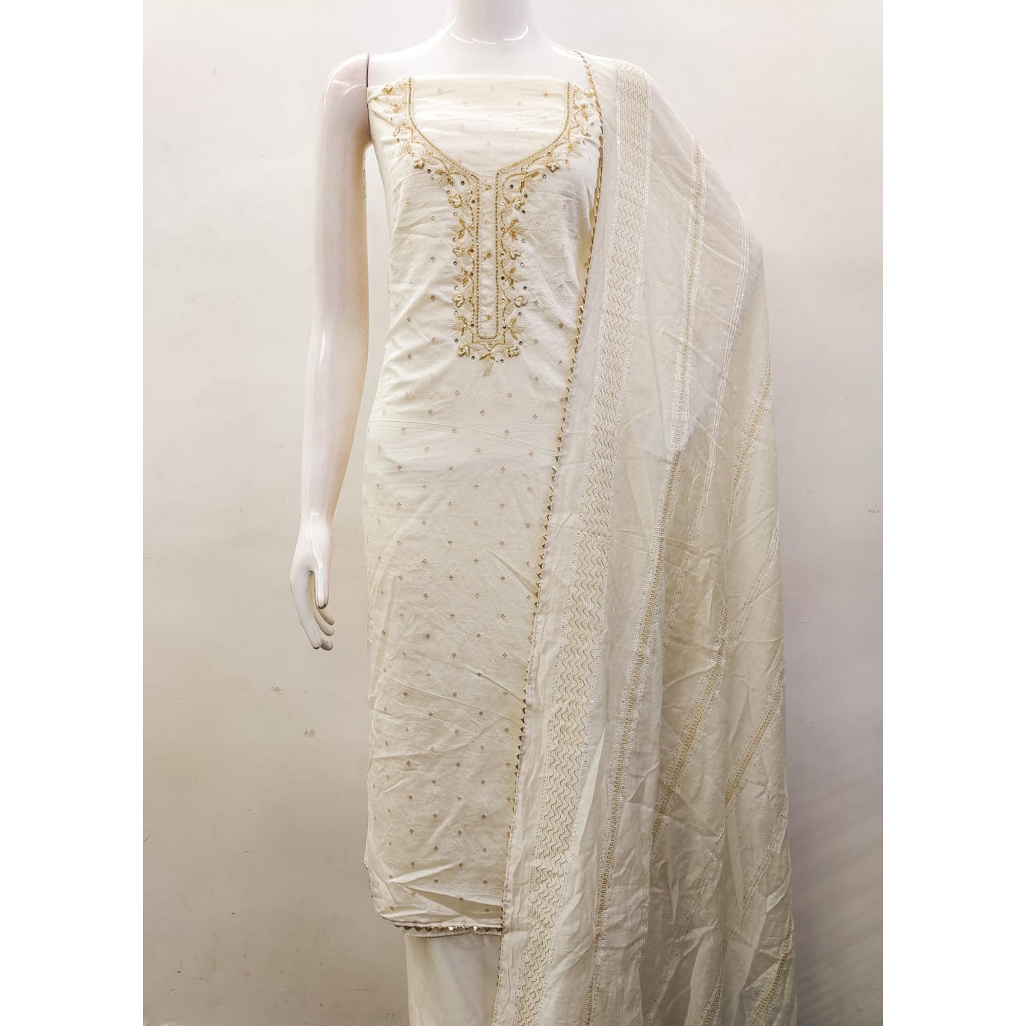 White Butti With Hand Embroidered Jacquard Dress Material