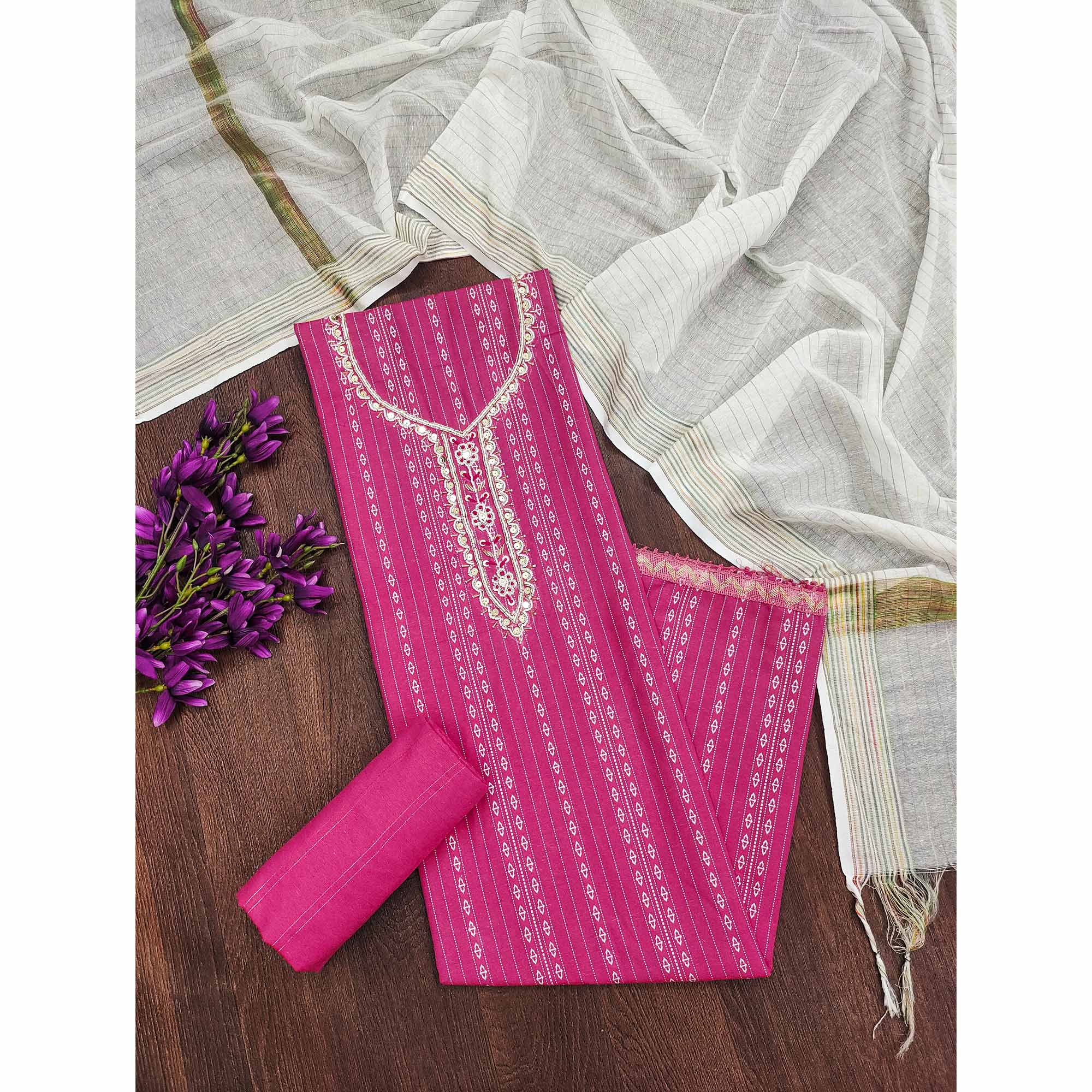 Pink Woven With Handwork Cotton Blend Dress Material