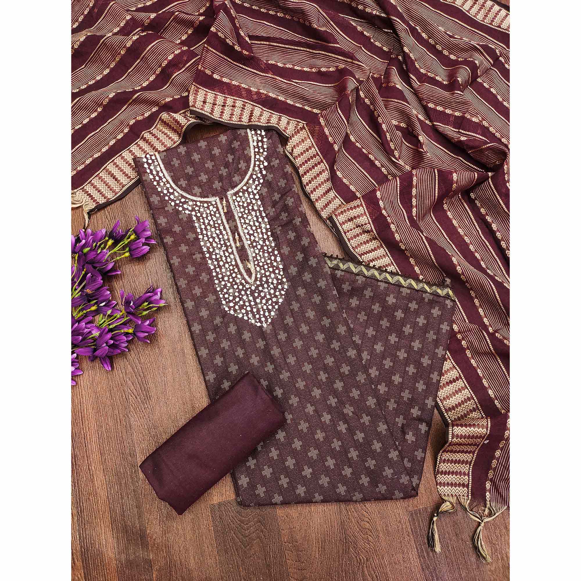 Wine Woven With Handwork Cotton Blend Dress Material