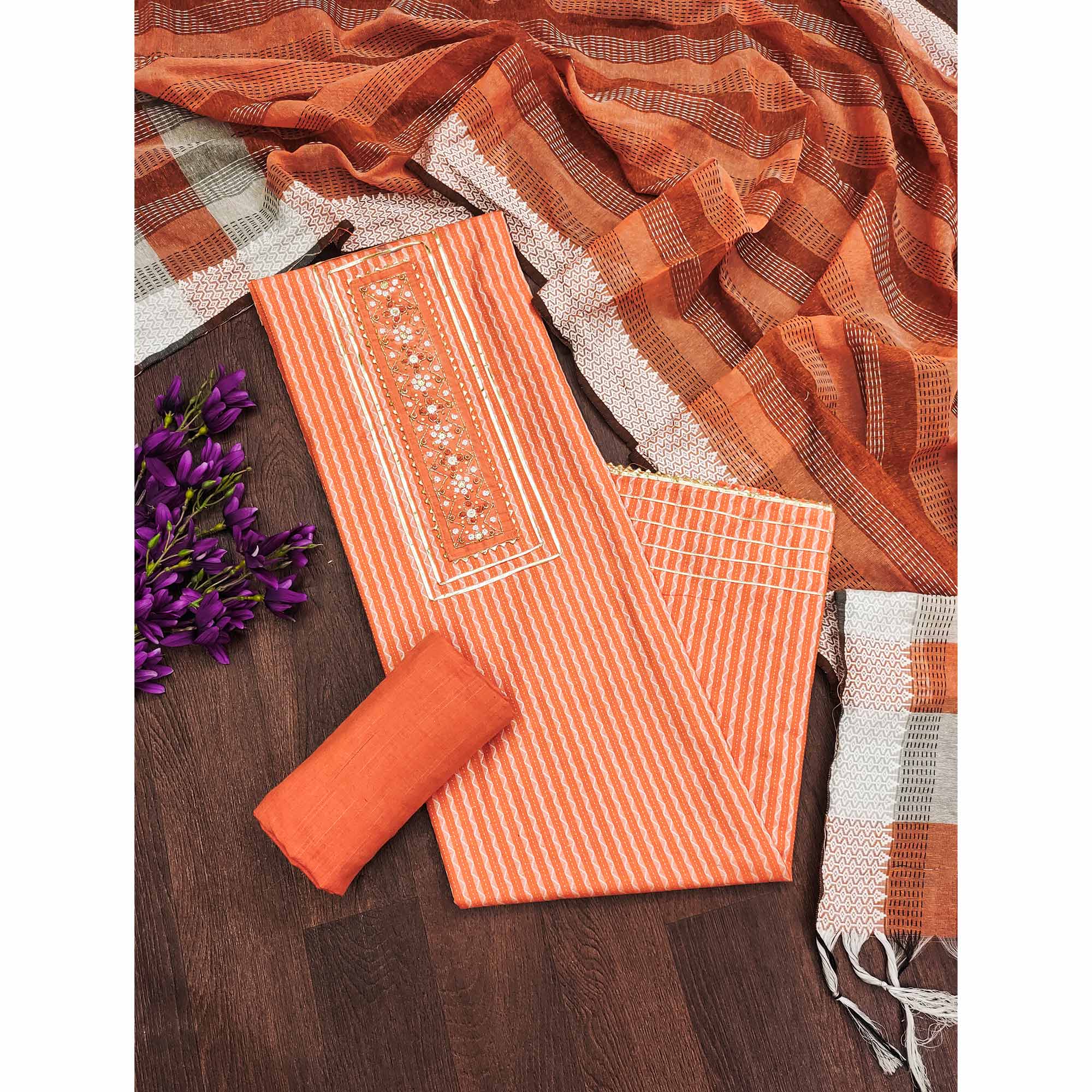 Orange Woven With Handwork Cotton Blend Dress Material
