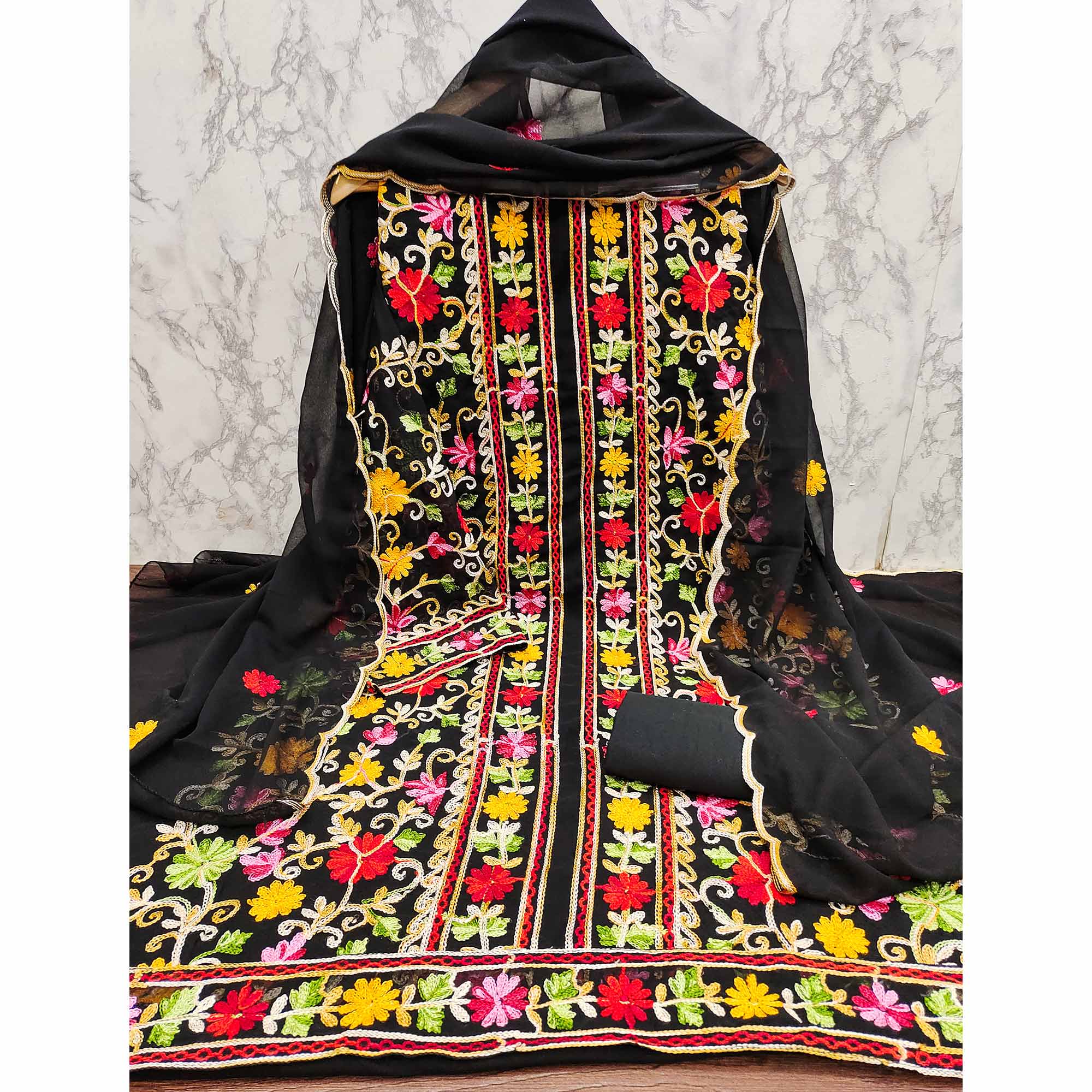 Black Floral Embroidered Georgette Dress Material