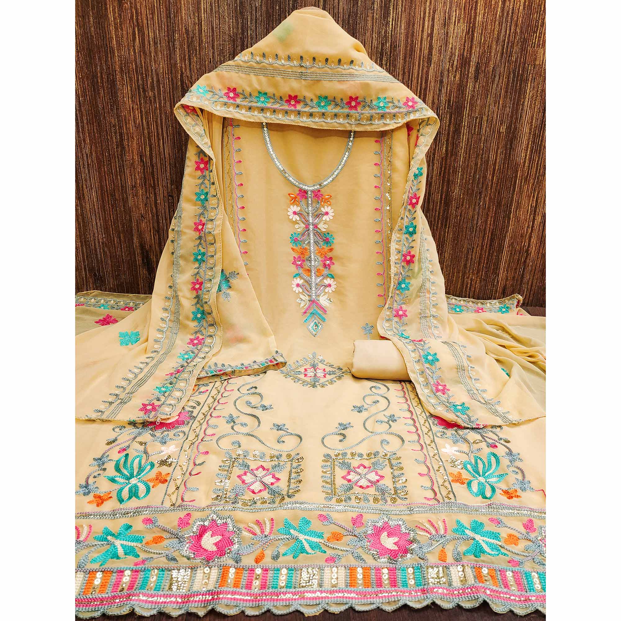 Chikoo Floral Sequins Embroidered Georgette Dress Material