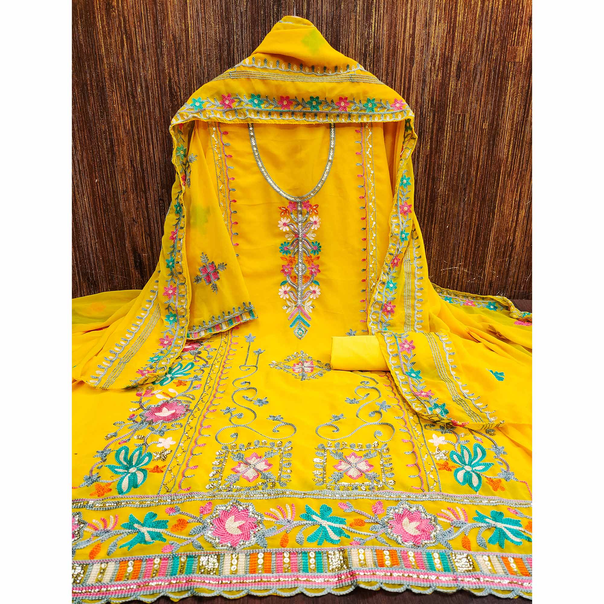 Yellow Floral Sequins Embroidered Georgette Dress Material