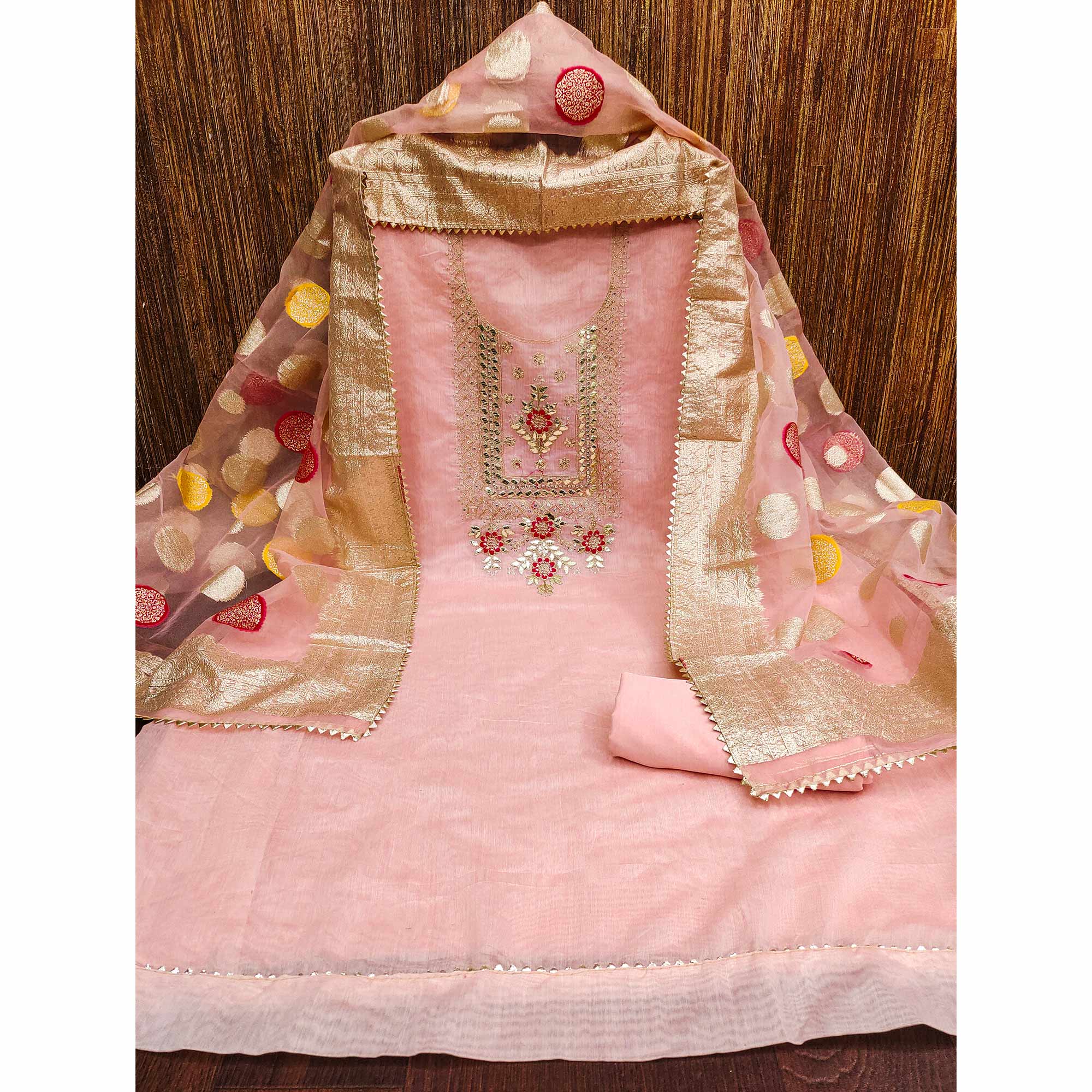Peach Floral Sequins Embroidered Chanderi Dress Material
