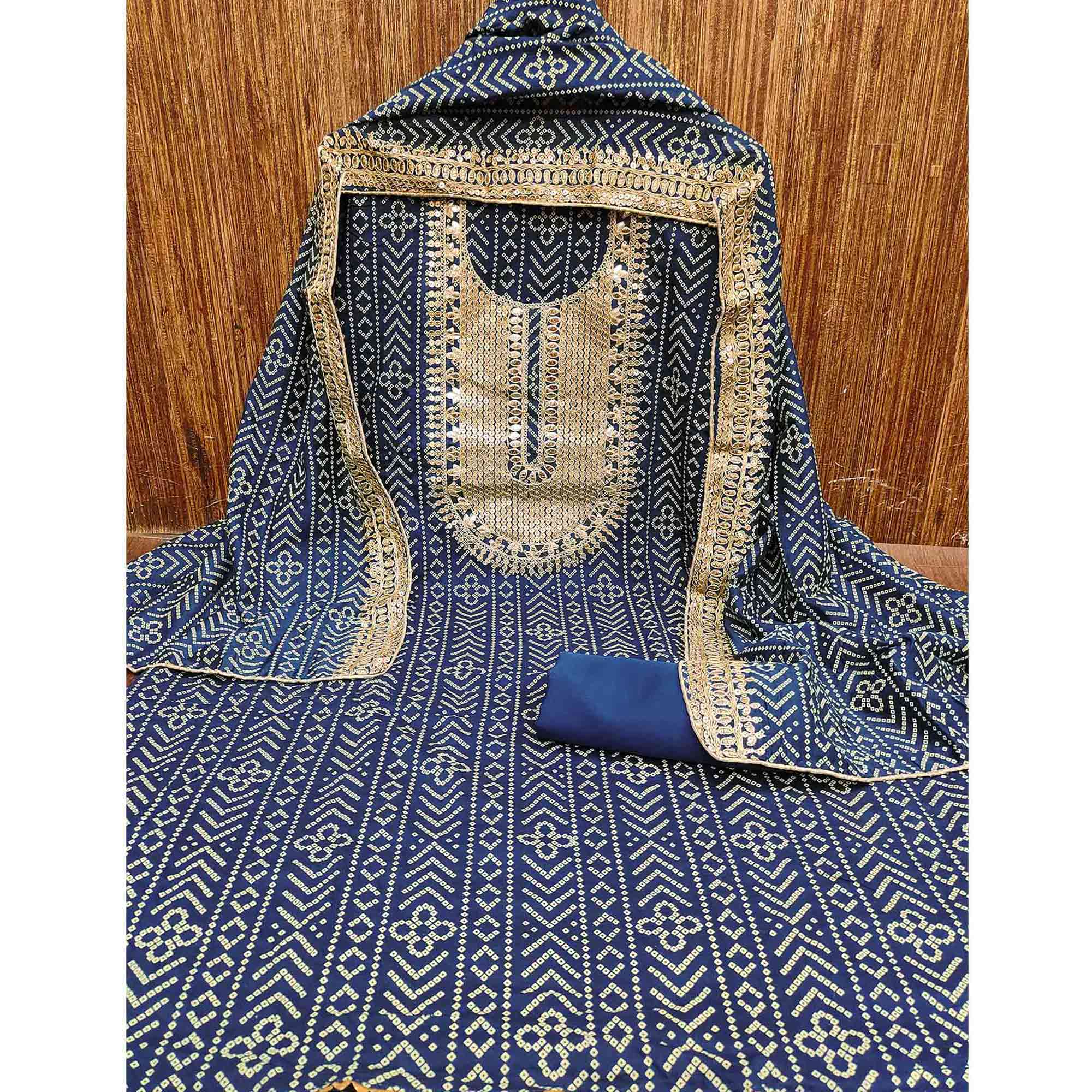 Blue Bandhani Printed With Sequins Work Bhagalpuri Silk Dress Material