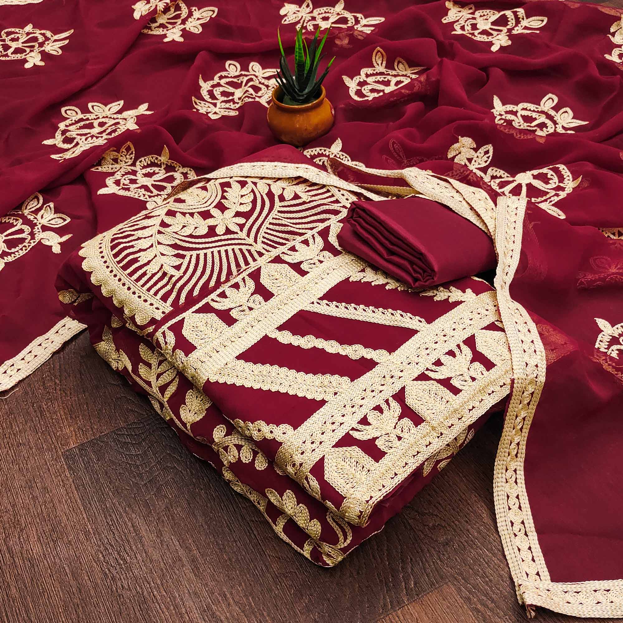 Maroon Floral Embroidered Georgette Dress Material