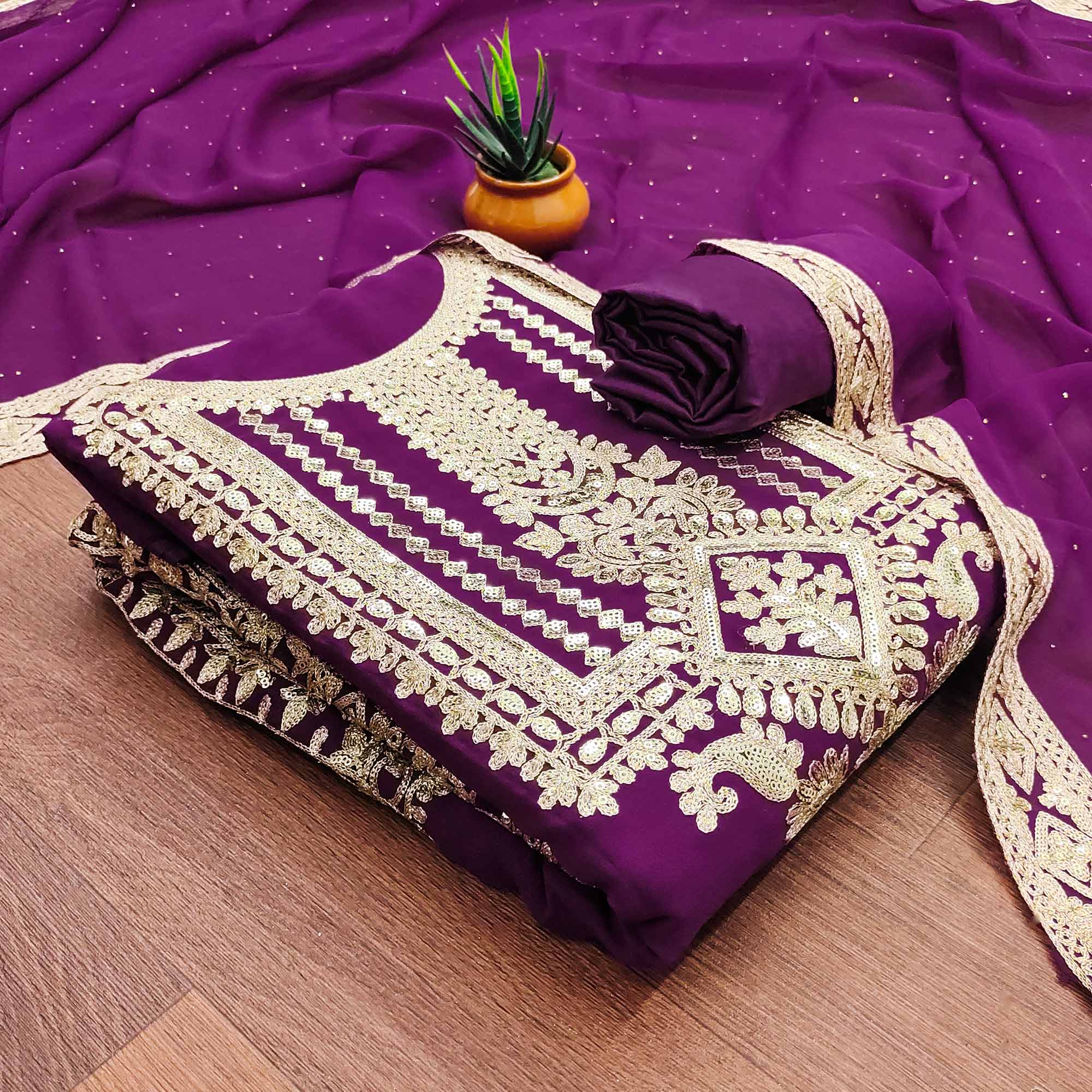 Purple Floral Sequins Embroidered Georgette Dress Material