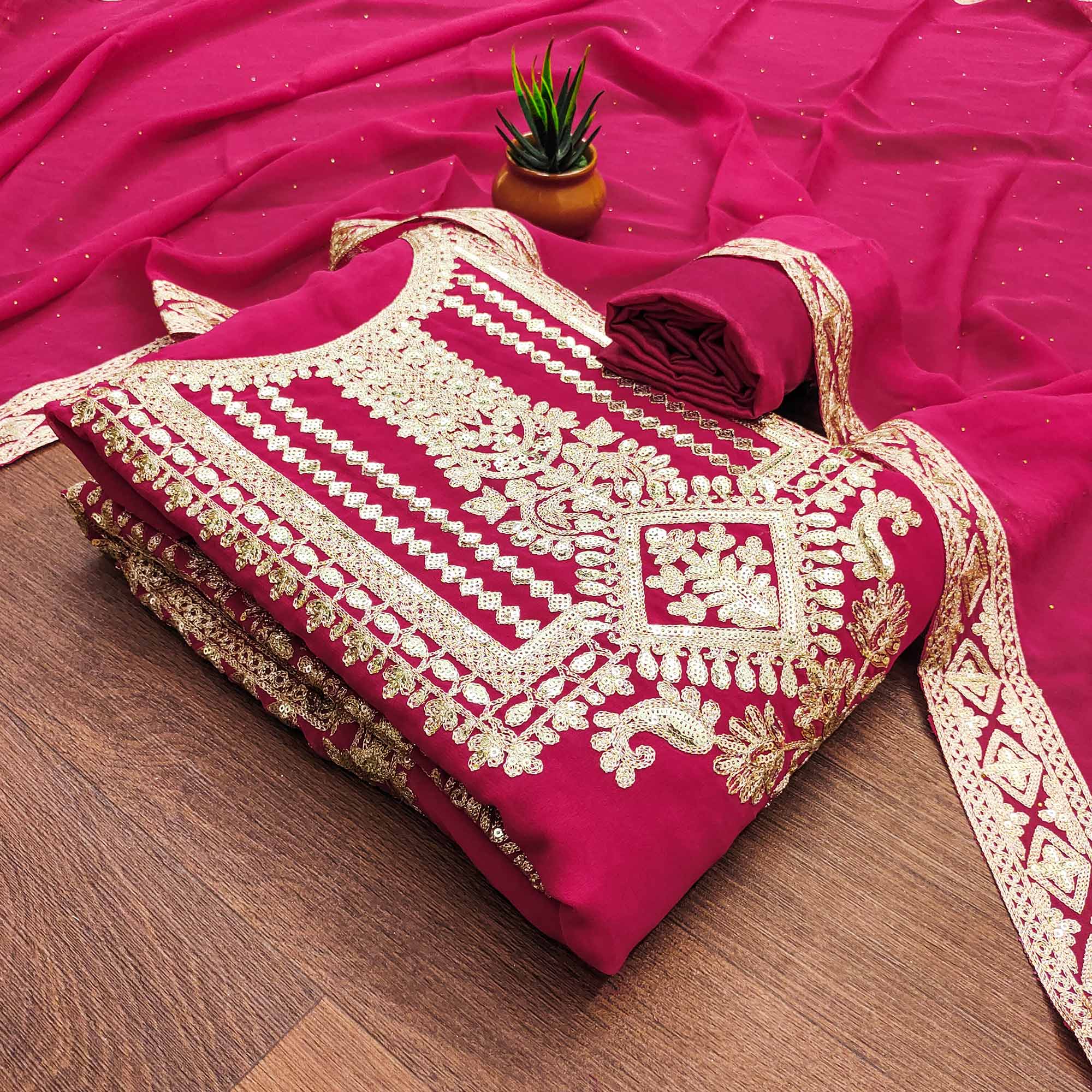 Rani Pink Floral Sequins Embroidered Georgette Dress Material