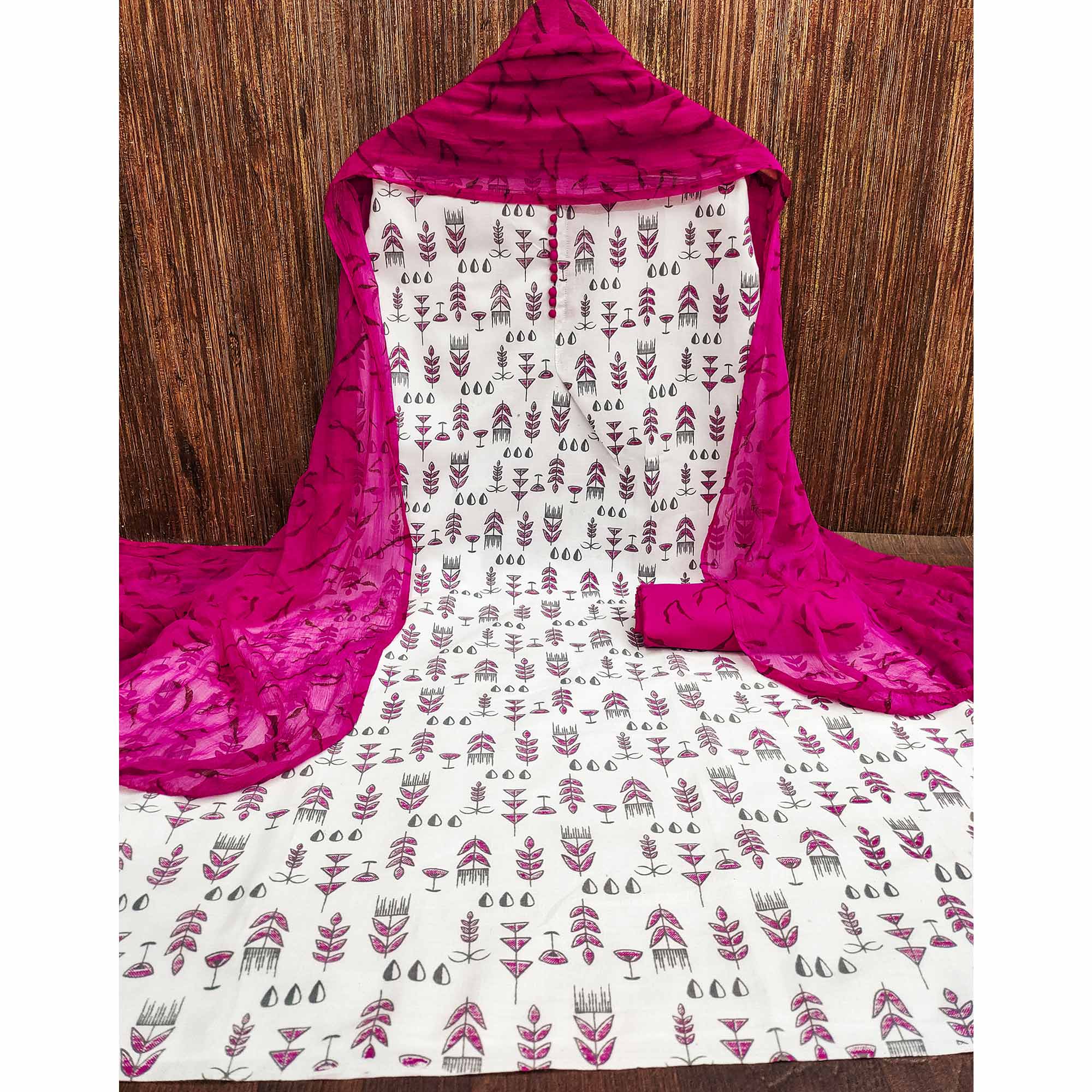 White & Rani Pink Floral Printed Cotton Blend Dress Material