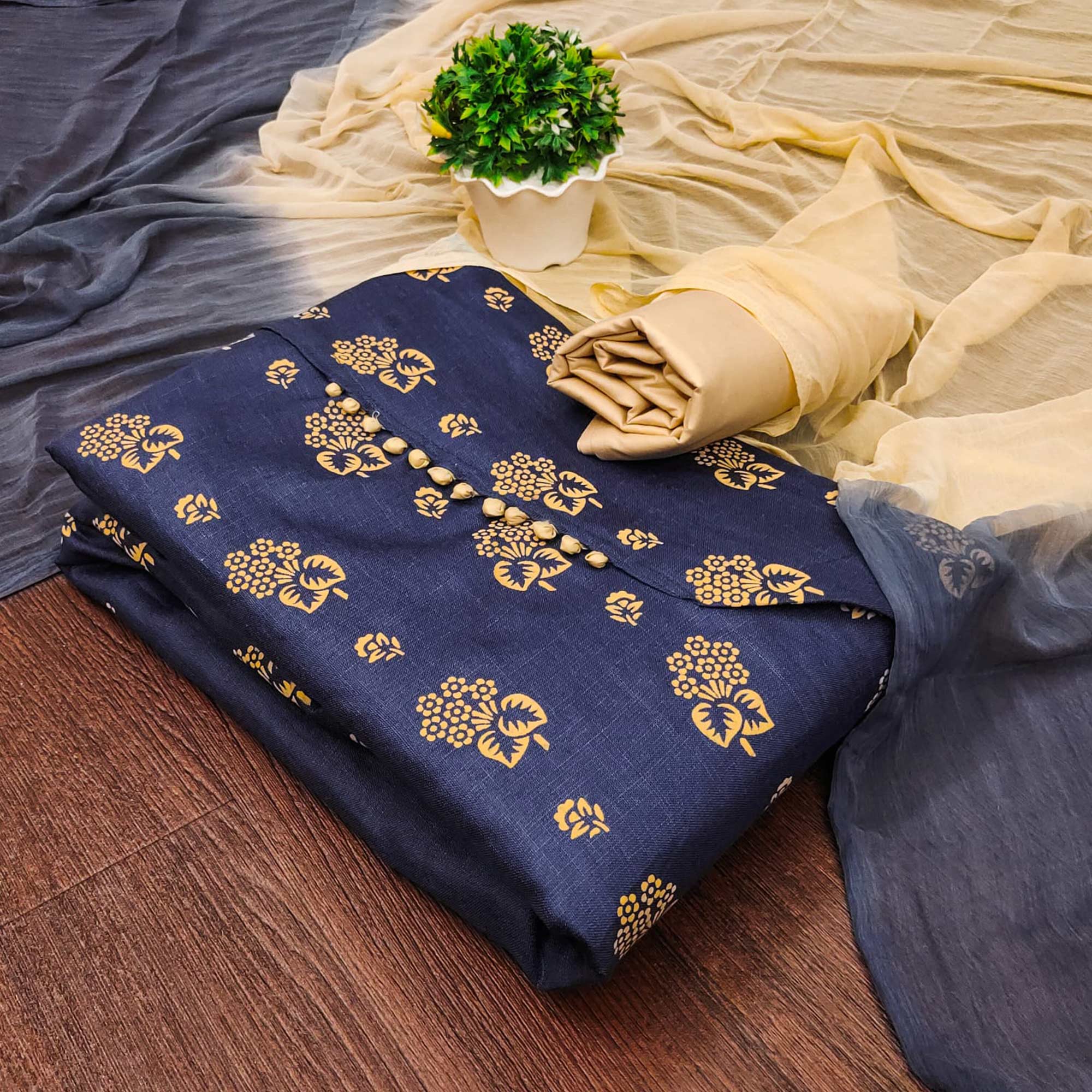 Blue Foil Floral Printed Cotton Blend Dress Material