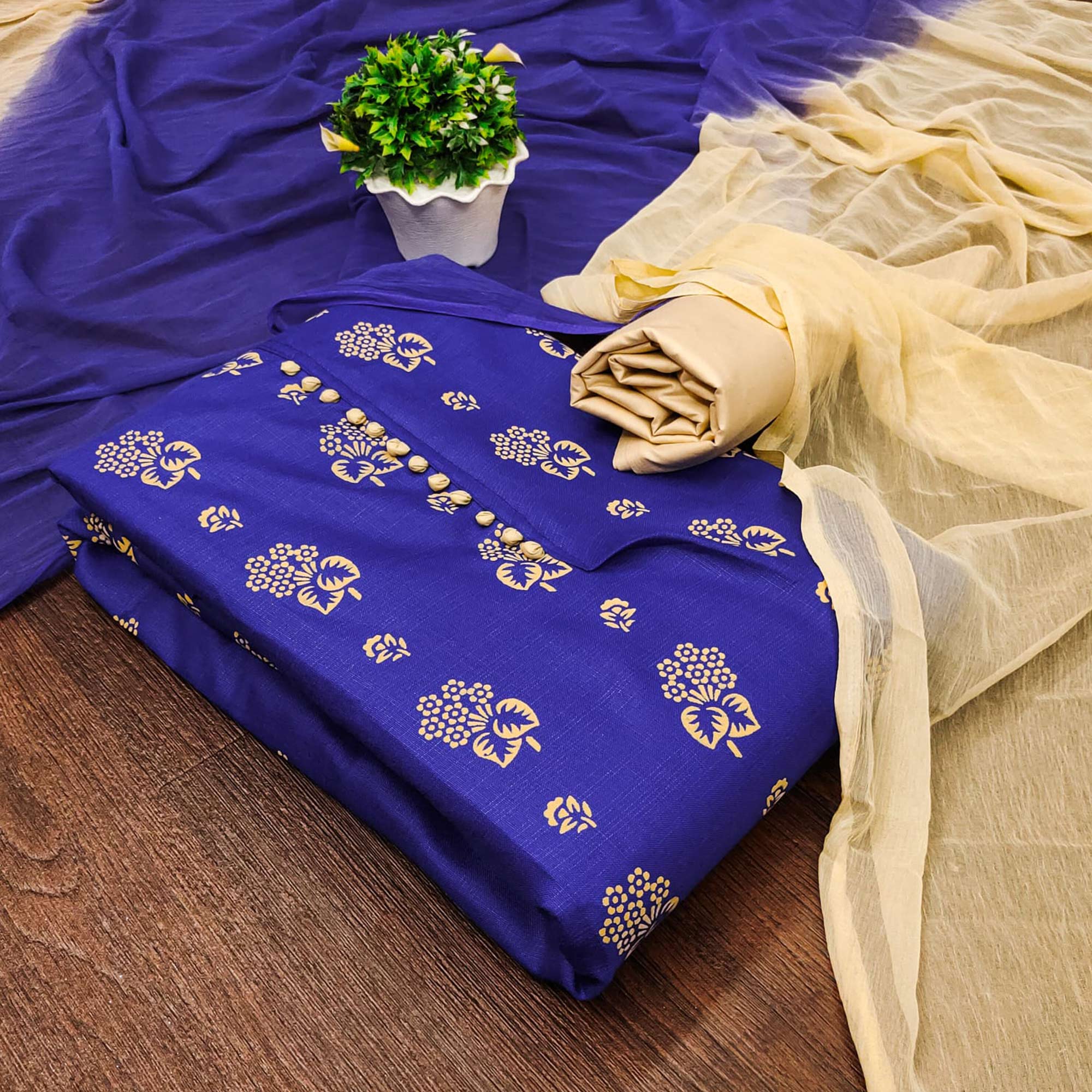 Royal Blue Floral Foil Printed Cotton Blend Dress Material