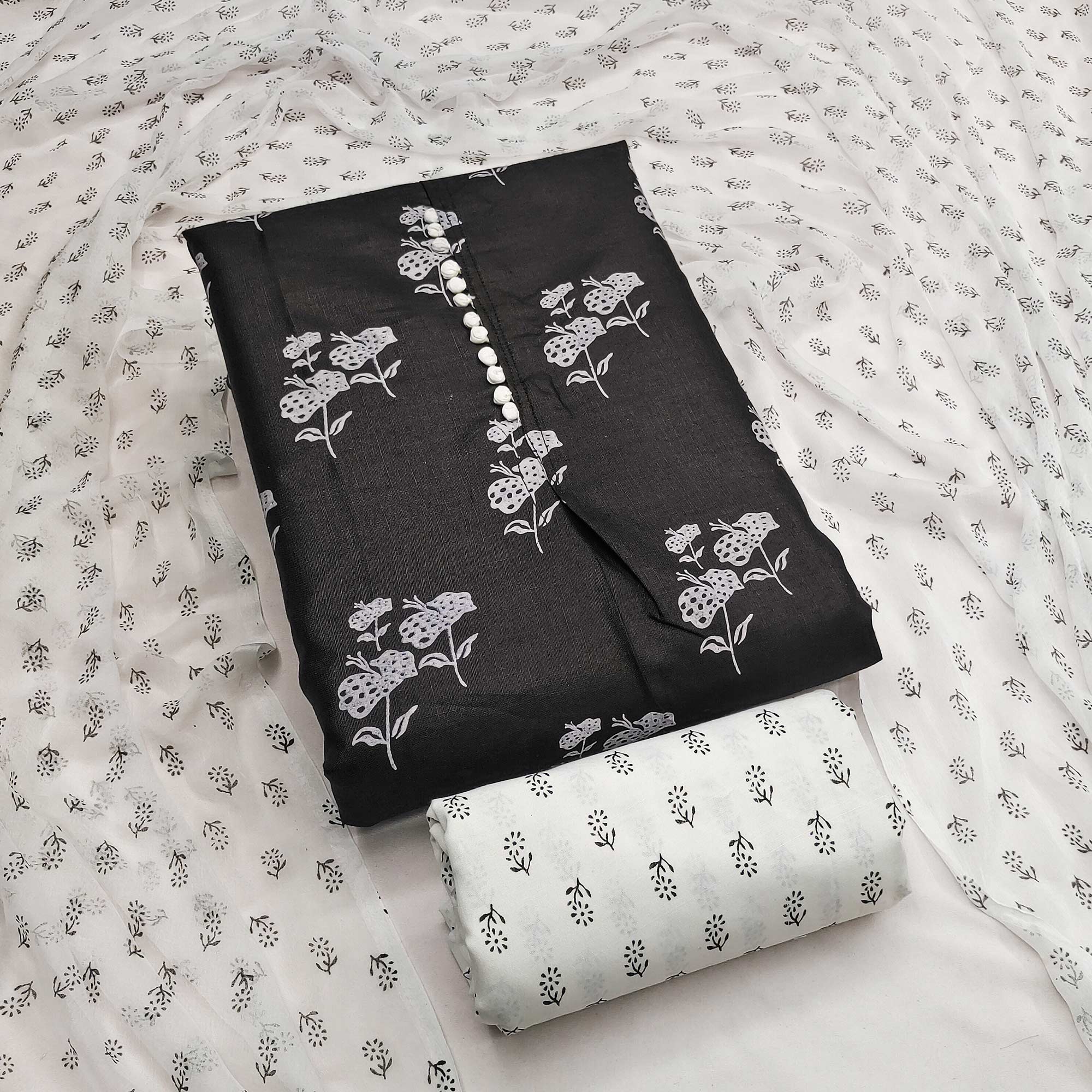 Black Cotton Blend Fabric Featuring Subtle and Elegant Floral Prints