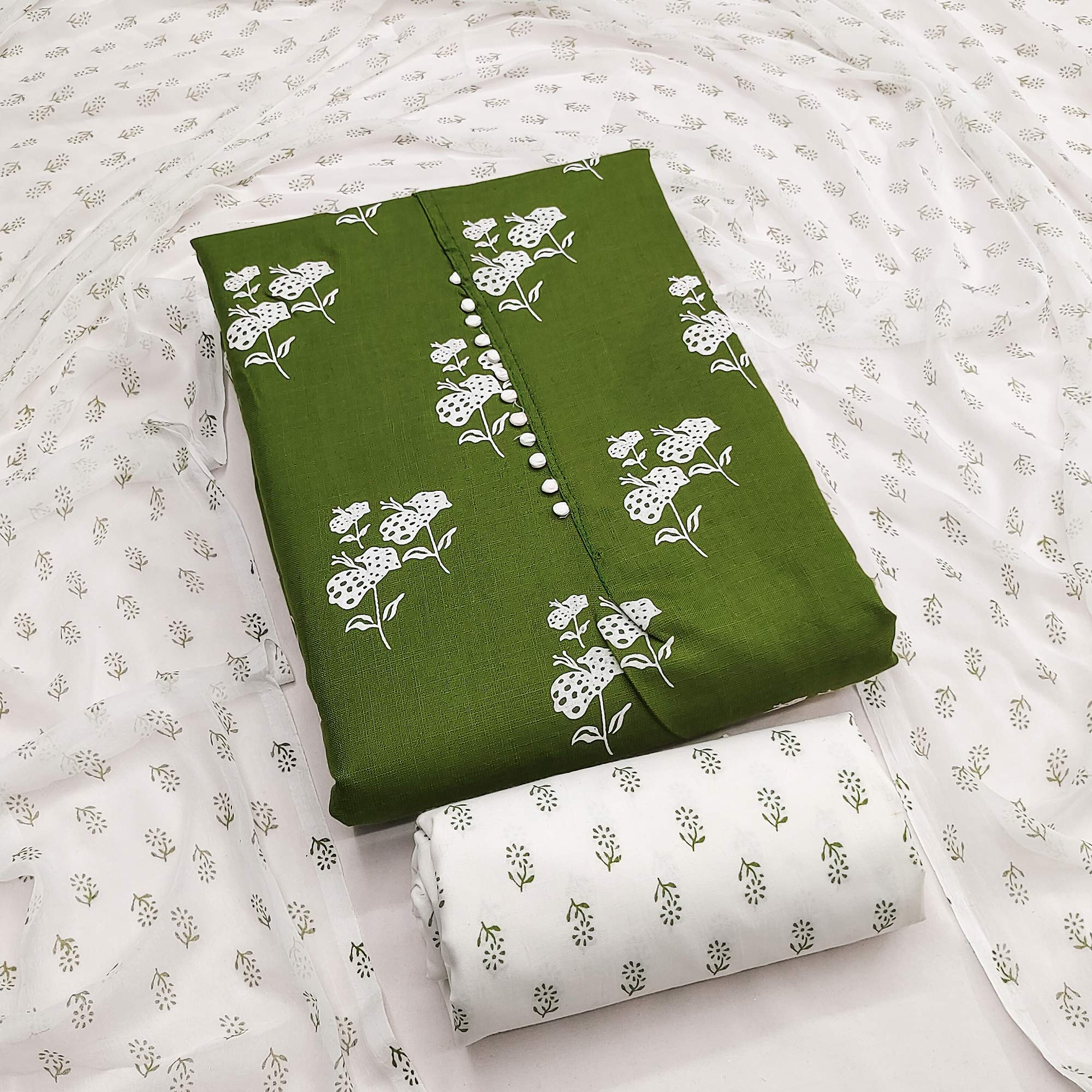Dark Green Cotton Blend Fabric Featuring Subtle and Elegant Floral Prints