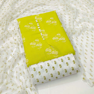 Green Cotton Blend Floral Printed Dress Material