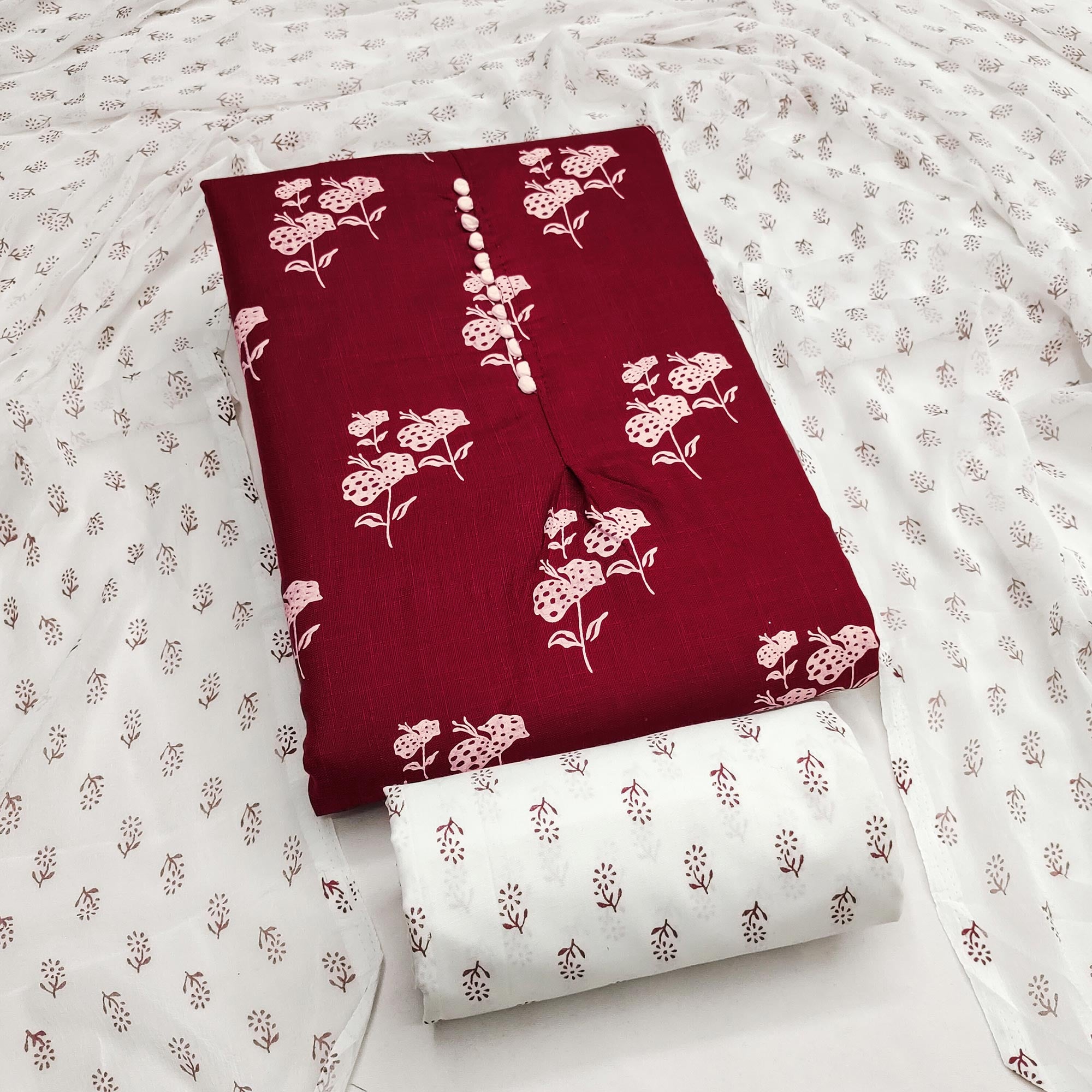 Maroon Cotton Blend Fabric Featuring Subtle and Elegant Floral Prints