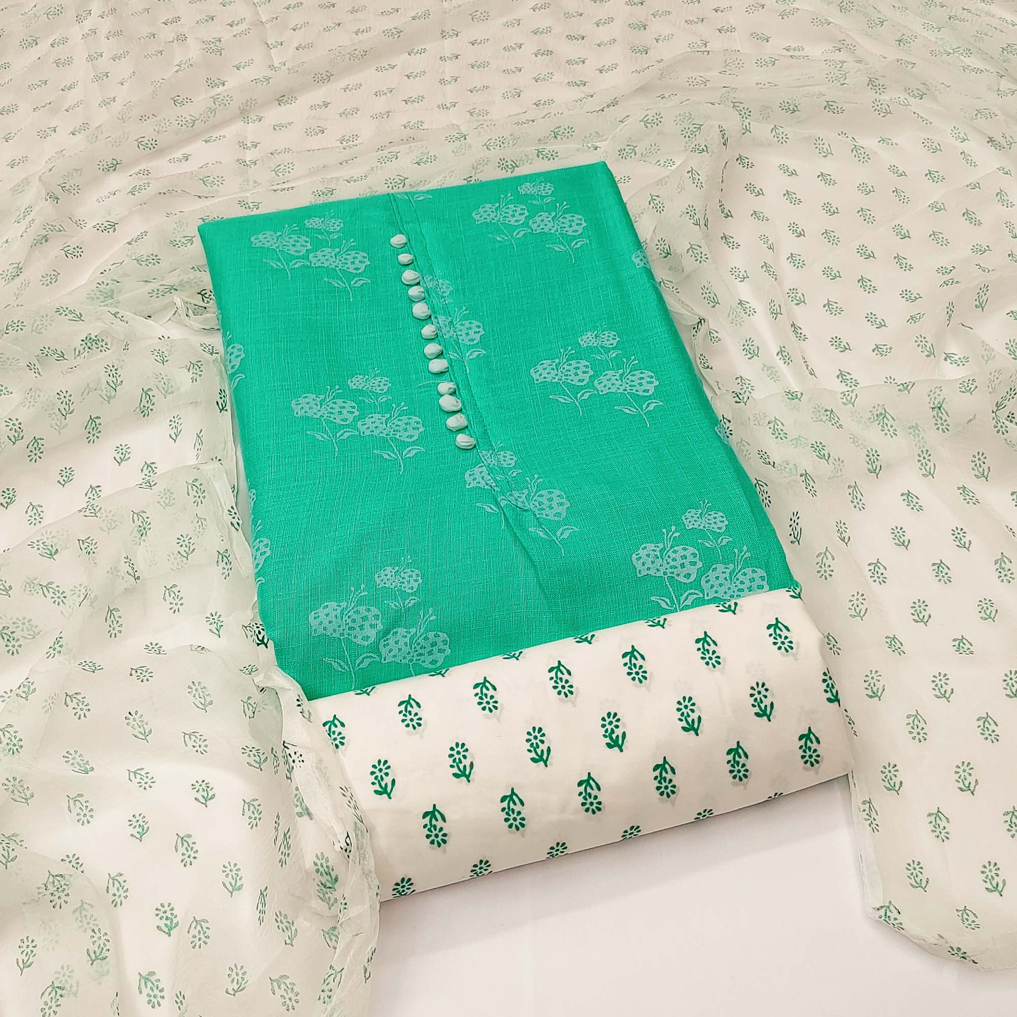 Turquoise Cotton Blend Floral Printed Dress Material