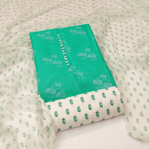 Turquoise Cotton Blend Floral Printed Dress Material