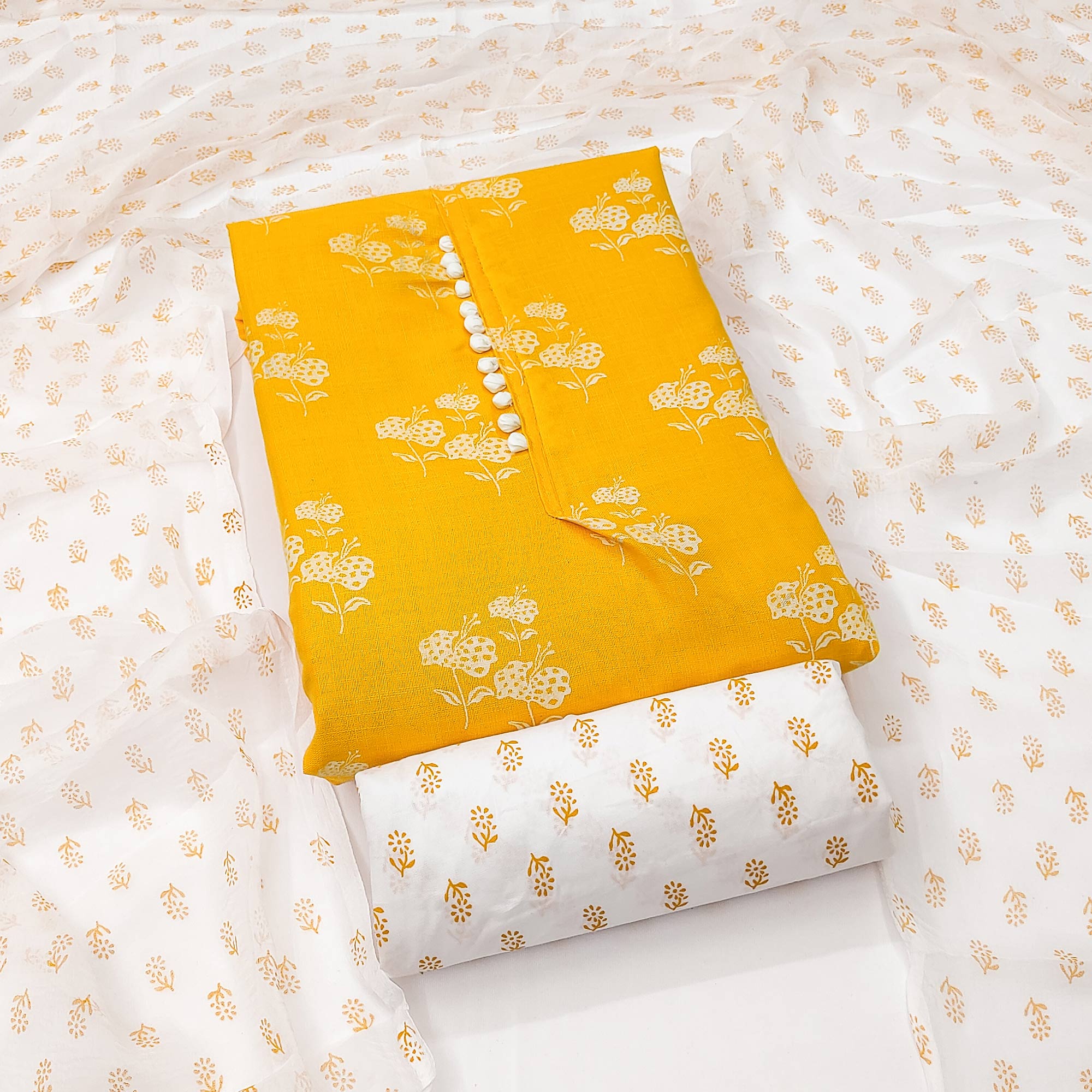 Yellow Cotton Blend Floral Printed Dress Material