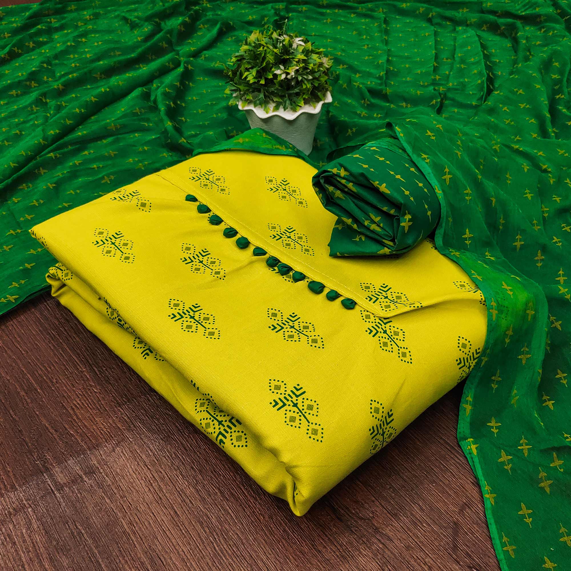 Lemon Green Floral Printed Cotton Blend Dress Material