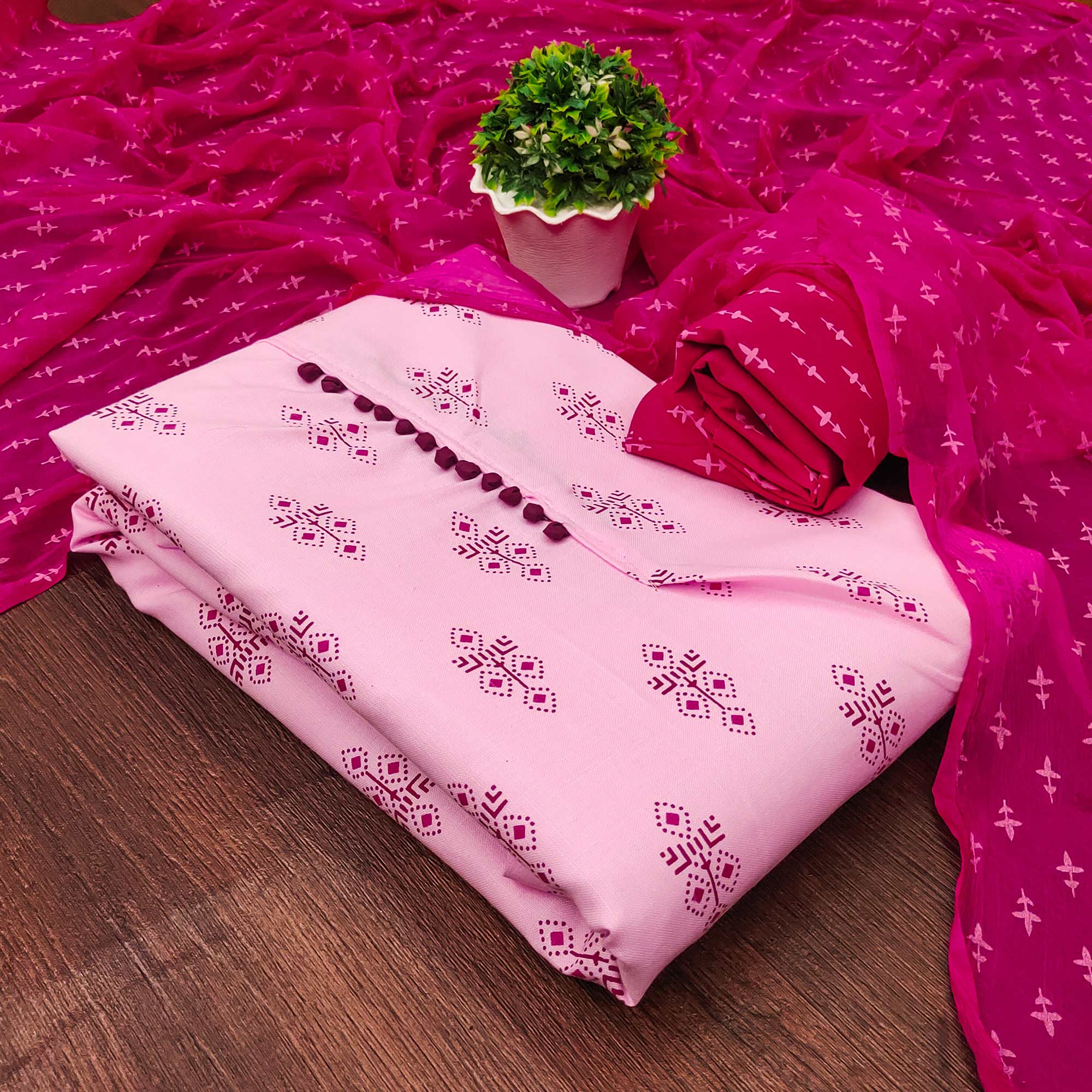 Pink Floral Printed Cotton Blend Dress Material