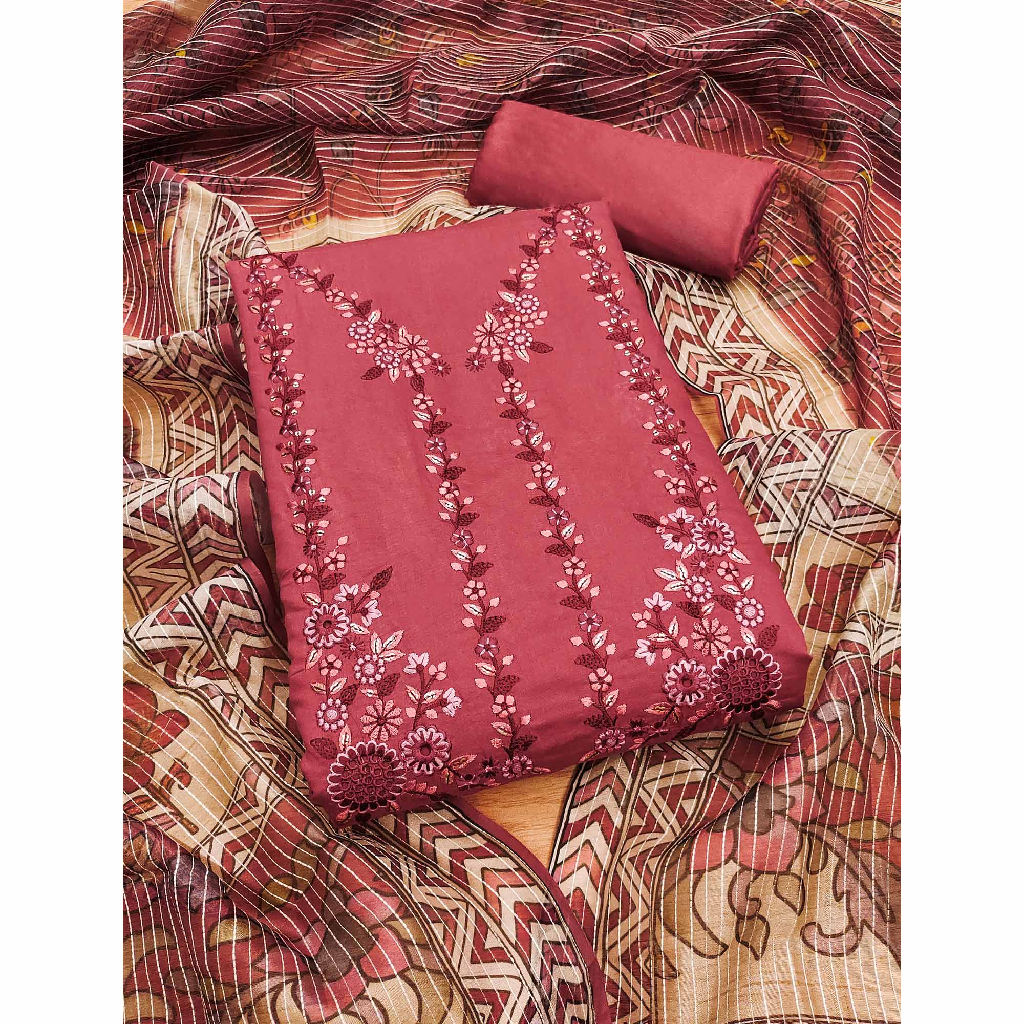 Gajari Pink Floral Embroidered Chanderi Silk Dress Material
